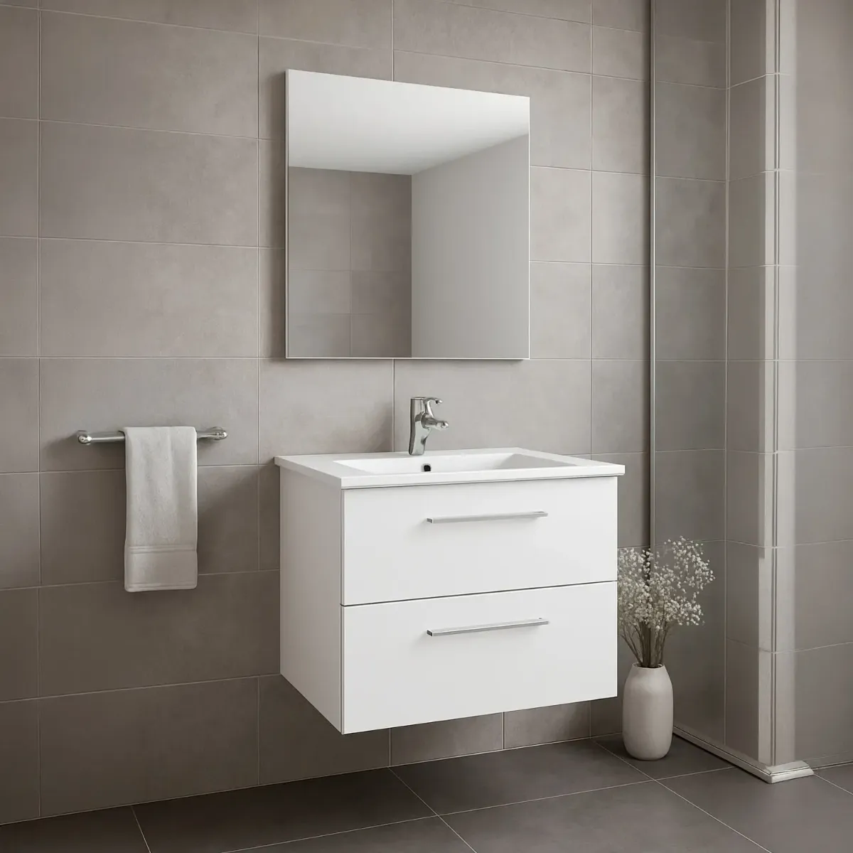 Mobile Mobiletto Bagno Sospeso Con 2 Cassettoni Soft Close E Lavabo in Ceramica Monoforo Con Troppopieno E Specchio Design Moderno Minimal