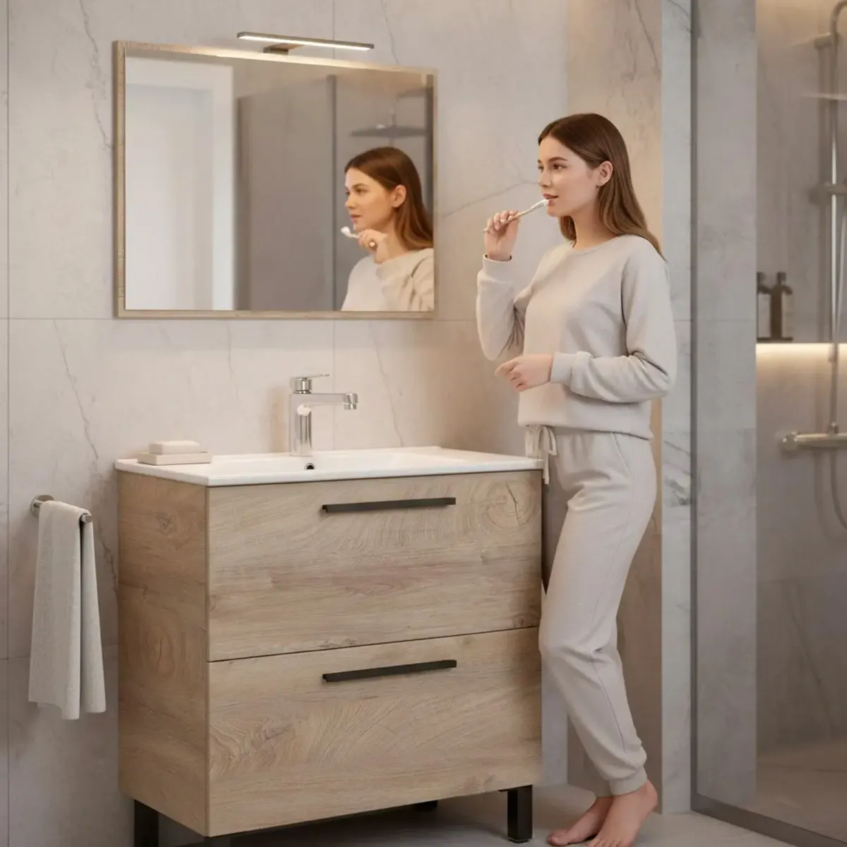 Mobile Bagno A Terra Con 2 Cassettoni Soft Close E Lavabo In Ceramica E Specchio Inclusi Con Foro Troppopieno E Maniglie ABS Design Moderno