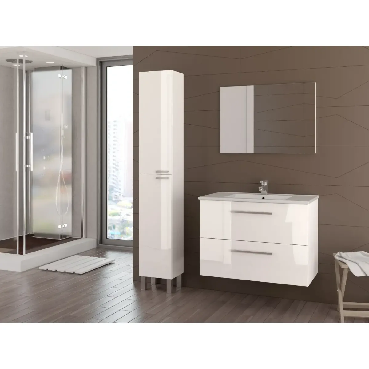 Mobile Mobiletto Bagno Sospeso Con 2 Cassettoni Soft Close Lavabo in Ceramica Monoforo Con Troppopieno E Specchio Con Led Da 45 Cm Design Moderno 80 x 45 x 57