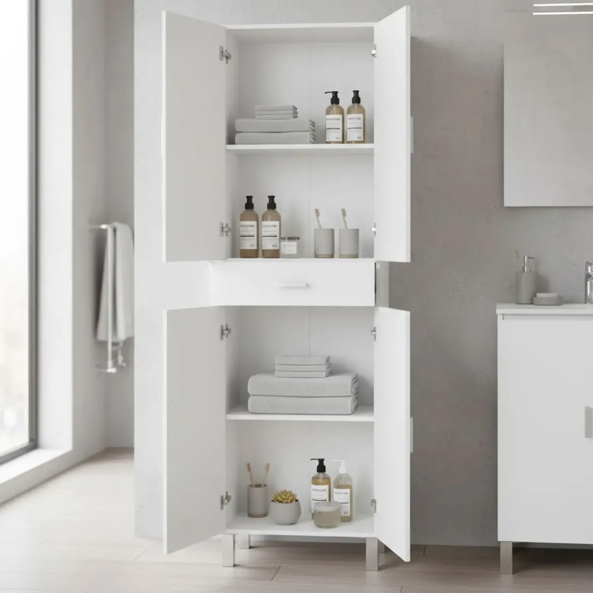 Colonna Bagno Con 4 Ante 4 Ripiani E Cassetto Mobile Alto Moderno Salvaspazio Con Mensole Regolabili Design Elegante Minimal Per Bagno Lavanderia Ripostiglio