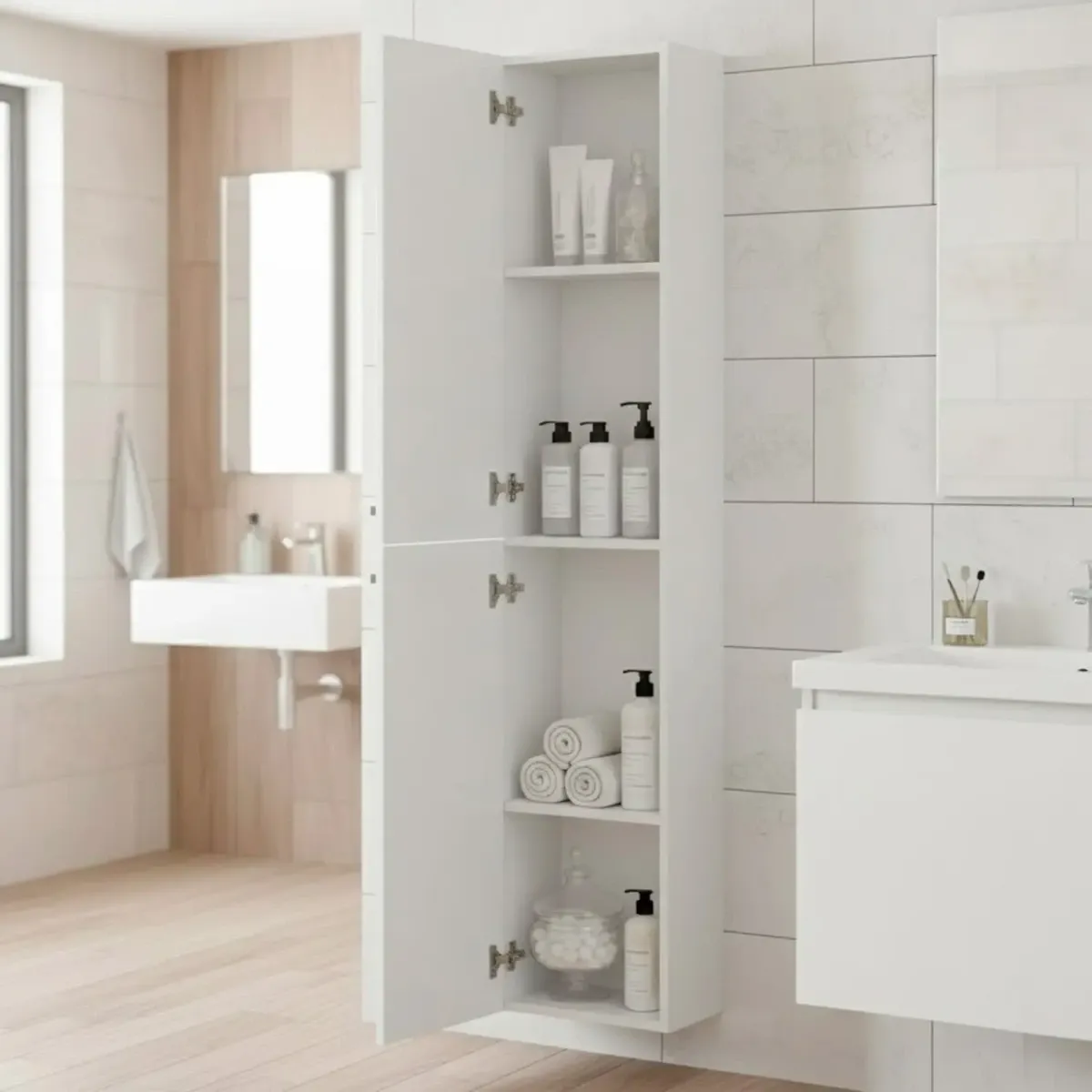 Mobile Bagno Sospeso Armadietto A Colonna Armadio Pensile Sospesa 2 Ante 4 Ripiani Arredamento Bagno Lavanderia Elegante Moderno Minimal