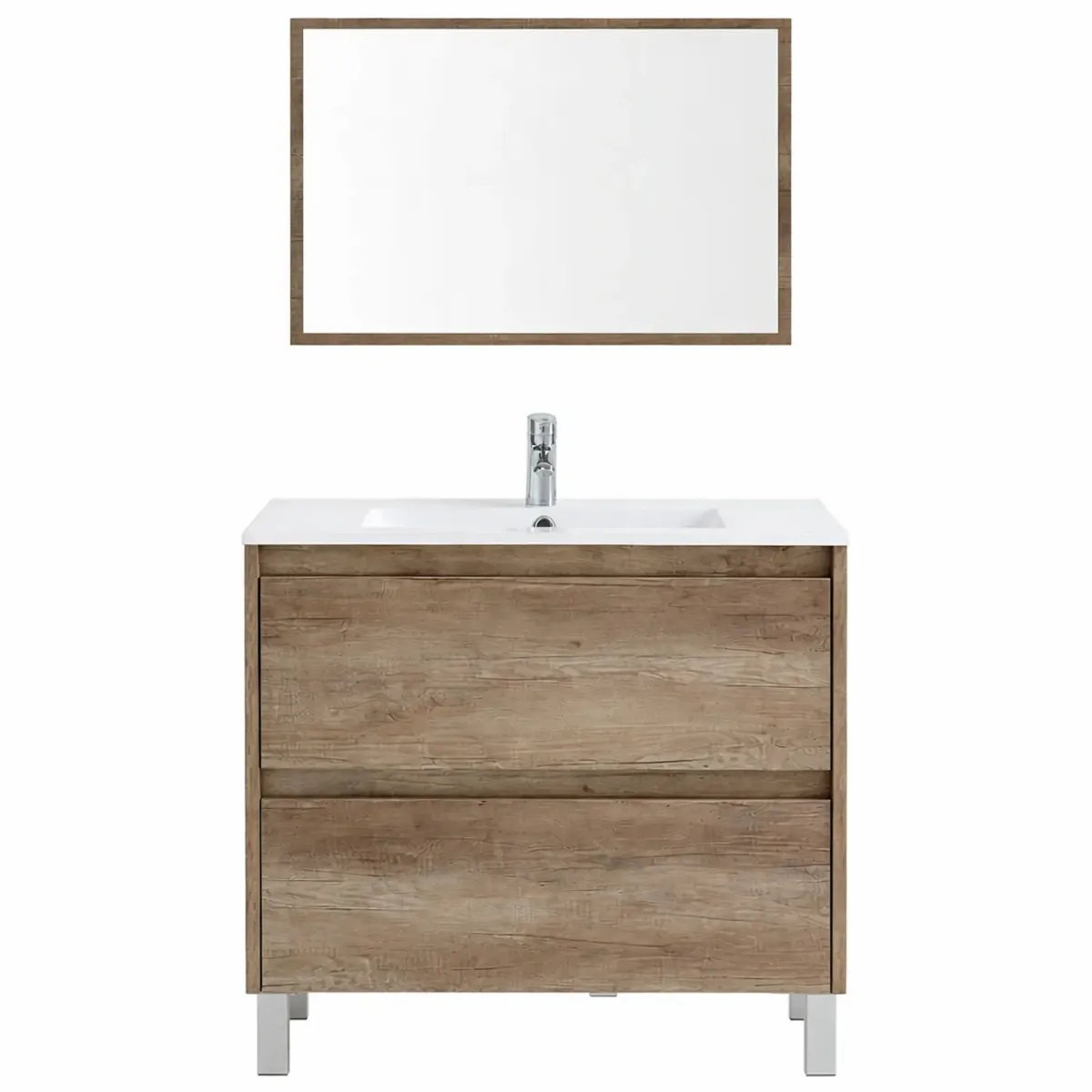 Mobile Bagno A Terra Con Lavabo In Ceramica E Specchio Coordinato Mobiletto Con Lavandino E 2 Cassettoni Ammortizzati Design Minimal