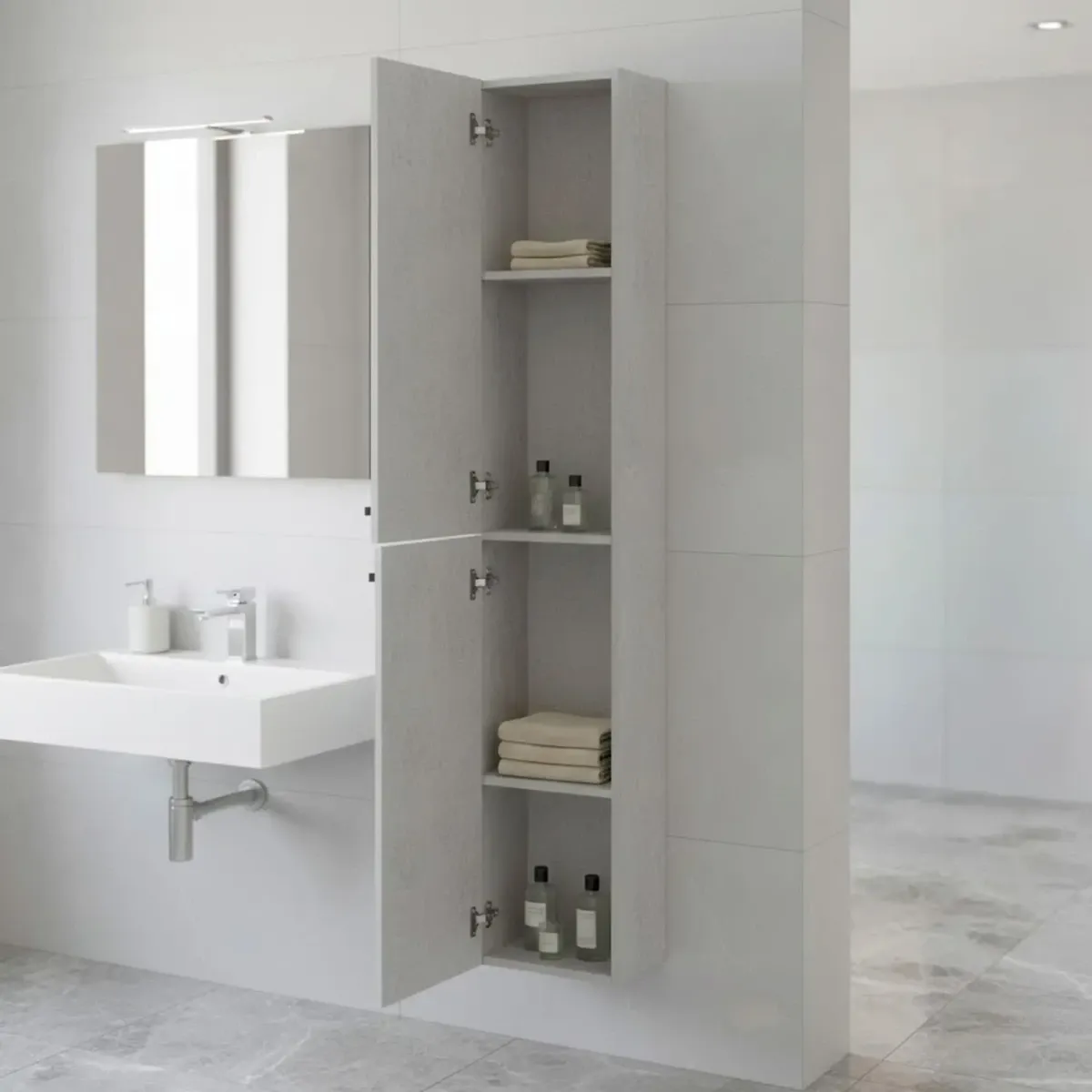 Mobile Alto Da Bagno Sospeso Con 2 Ante E 3 Mensole Interne Colonna Moderna Sospesa Salvaspazio In Melaminico Con Chiusura Assistita Design Industriale Lavanderia Ingresso