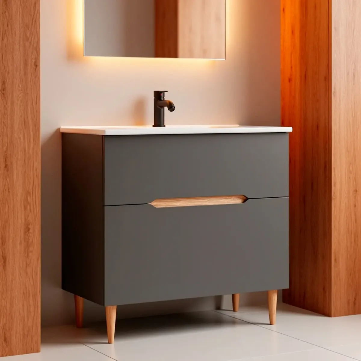 Mobile Bagno A Terra Con Lavabo In Ceramica E Specchio Inclusi 1 Cassetto Soft Close E 1 Anta A Vasistas Design Moderno Salvaspazio 80 x 45 x 80 Cm