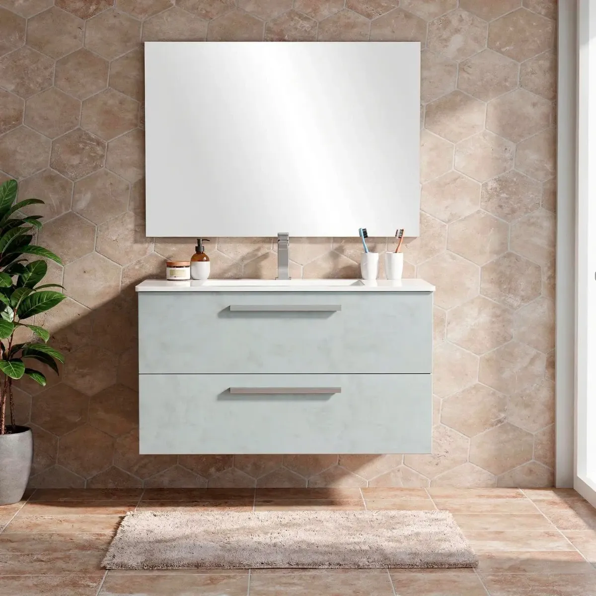 Mobile Mobiletto Bagno Sospeso Con 2 Cassettoni Soft Close Con Lavandino Lavabo In Ceramica E Specchio Design Moderno Nordico 57 x 80 x 45 Cm