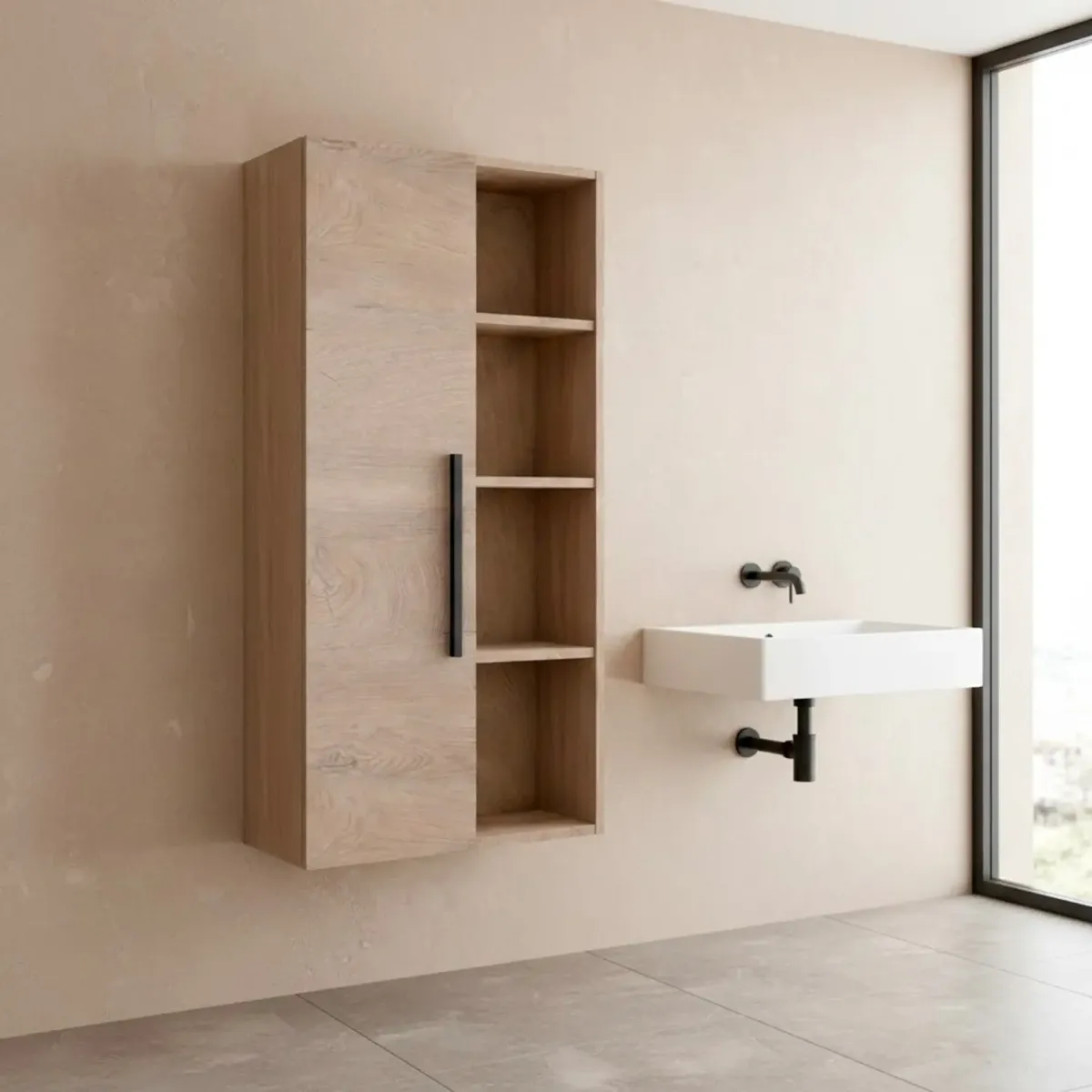 Colonna Sospesa Multiuso Con 1 Anta E 5 Vani A Giorno Mobile Armadietto Bagno Pensile Salvaspazio In Melaminico Chiusura Assistita E Ripiani Interni Design Moderno