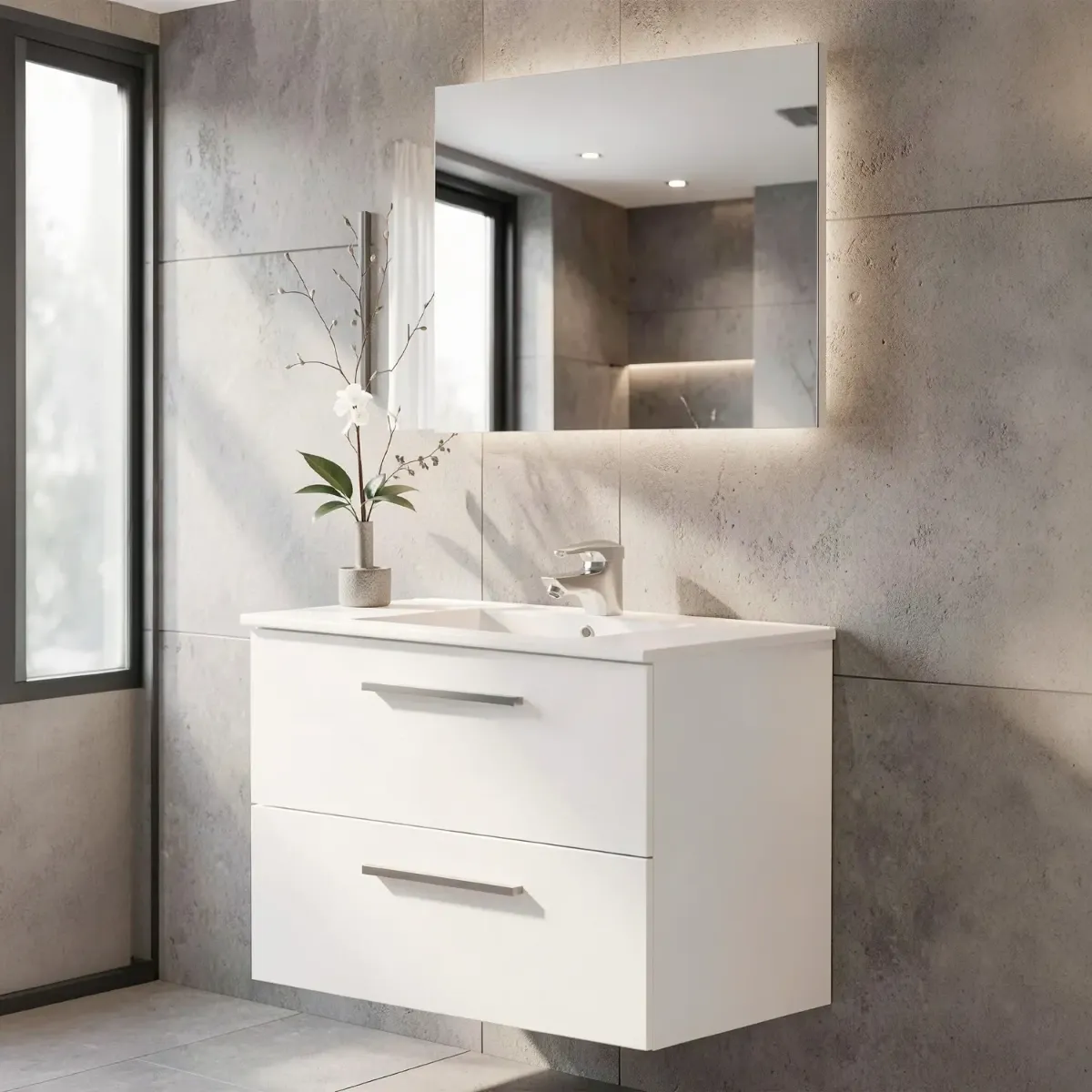 Mobile Mobiletto Bagno Sospeso Con 2 Cassettoni Soft Close E Lavabo in Ceramica Monoforo Con Troppopieno E Specchio Design Moderno Minimal