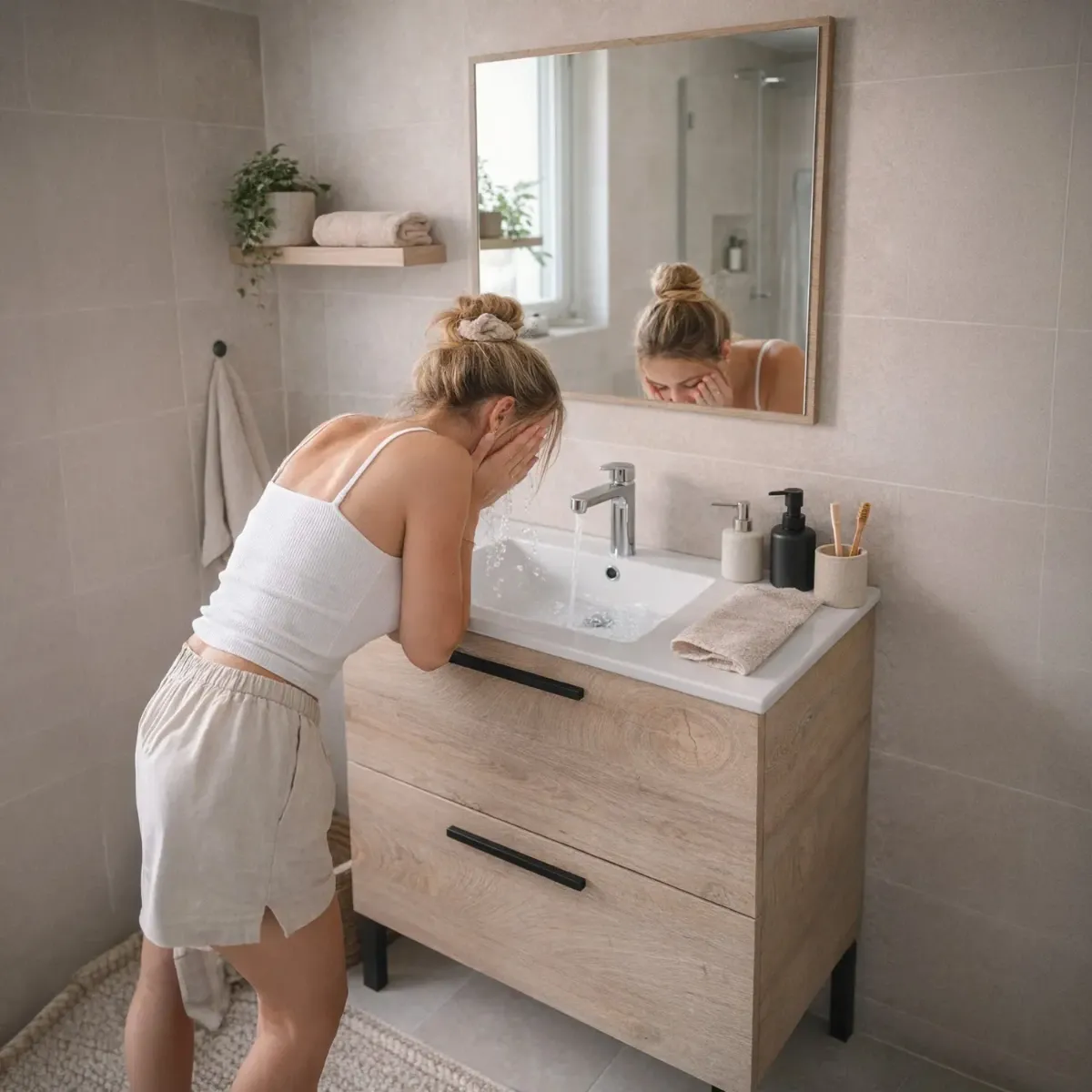 Mobile Bagno A Terra Con 2 Cassettoni Soft Close E Lavabo In Ceramica E Specchio Inclusi Con Foro Troppopieno E Maniglie ABS Design Moderno