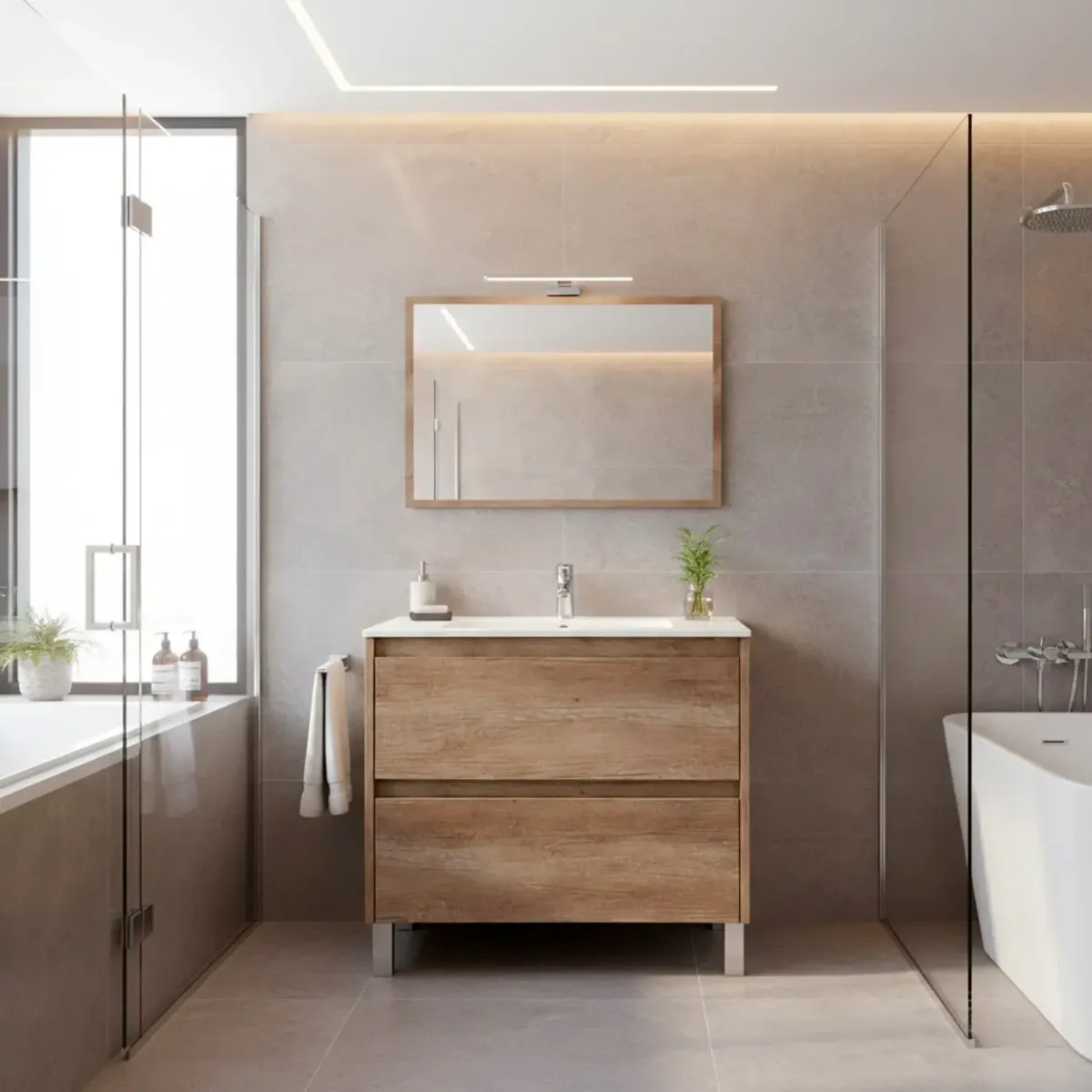 Mobile Bagno A Terra Con Lavabo In Ceramica E Specchio Coordinato Mobiletto Con Lavandino E 2 Cassettoni Ammortizzati Design Minimal