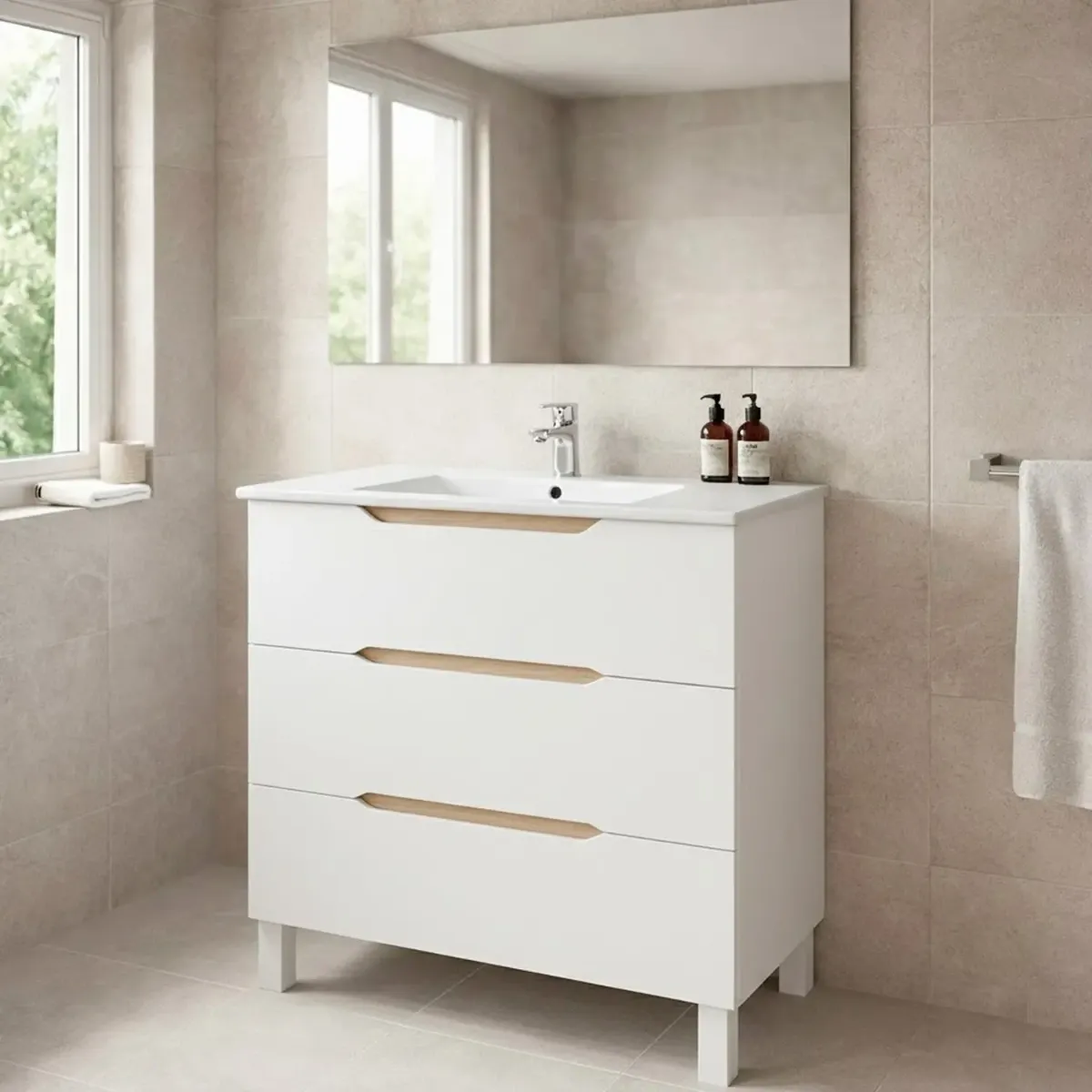 Mobile Bagno A Terra Con 3 Cassettoni Soft Close E Lavabo In Ceramica Monoforo Con Troppopieno Incluso Mobiletto Design Moderno Ed Elegante Salvaspazio 80 x 45 x 86 Cm
