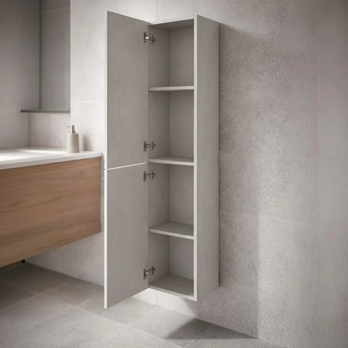 Mobile Alto Da Bagno Sospeso Con 2 Ante E 3 Mensole Interne Colonna Moderna Sospesa Salvaspazio In Melaminico Con Chiusura Assistita Design Industriale Lavanderia Ingresso