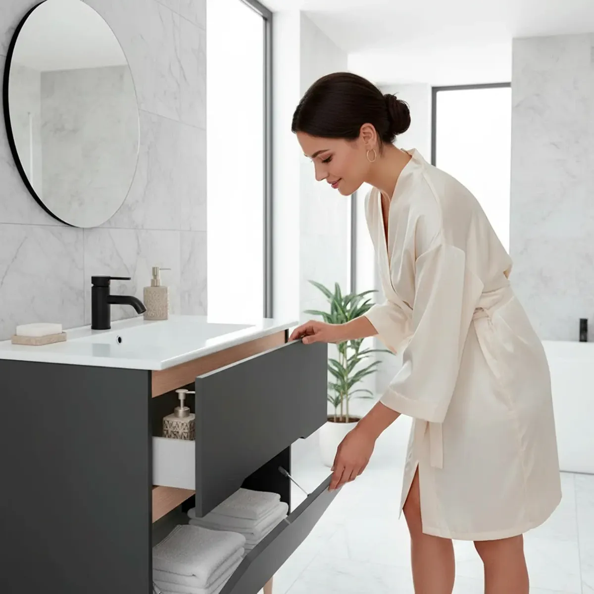 Mobile Bagno A Terra Con Lavabo In Ceramica E Specchio Inclusi 1 Cassetto Soft Close E 1 Anta A Vasistas Design Moderno Salvaspazio 80 x 45 x 80 Cm