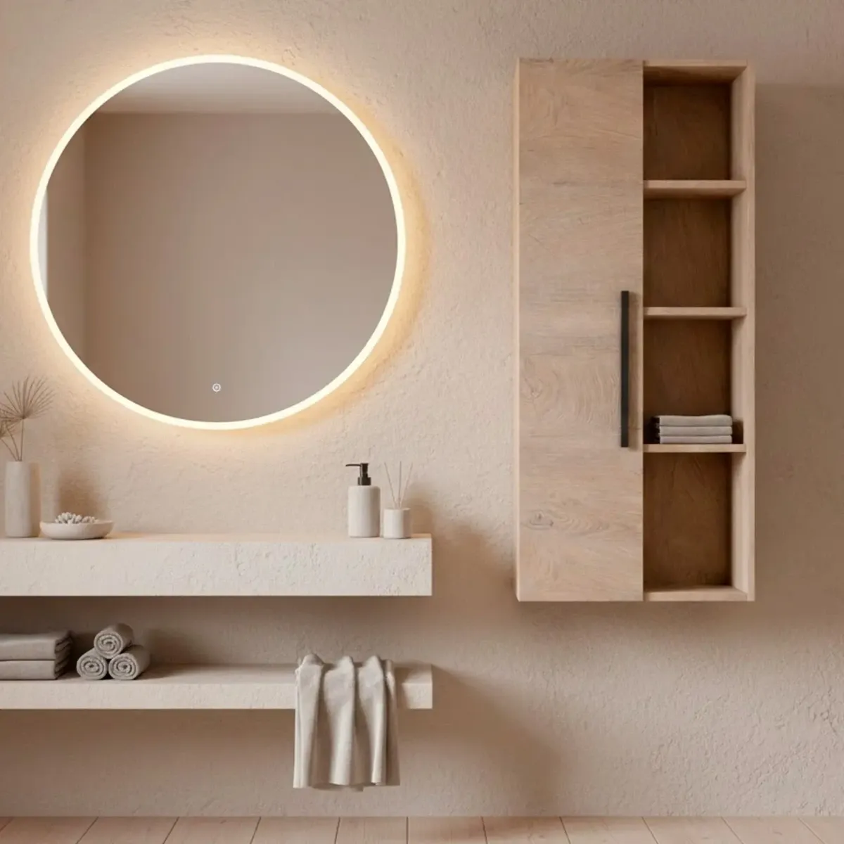 Colonna Sospesa Multiuso Con 1 Anta E 5 Vani A Giorno Mobile Armadietto Bagno Pensile Salvaspazio In Melaminico Chiusura Assistita E Ripiani Interni Design Moderno