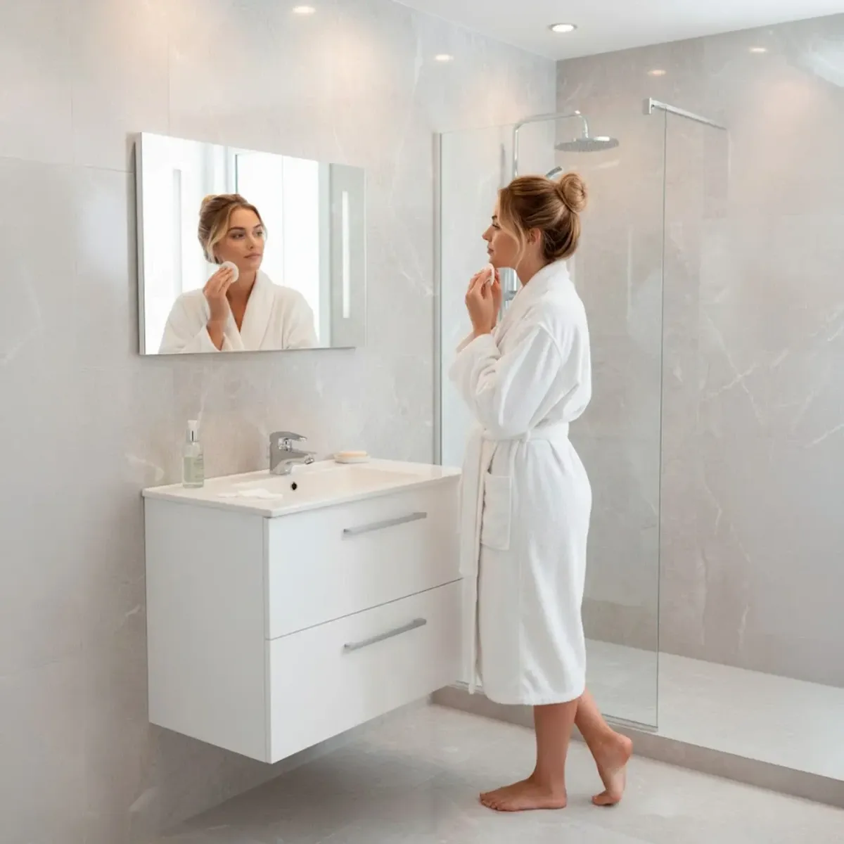 Mobile Mobiletto Bagno Sospeso Con 2 Cassettoni Soft Close E Lavabo in Ceramica Monoforo Con Troppopieno E Specchio Design Moderno Minimal