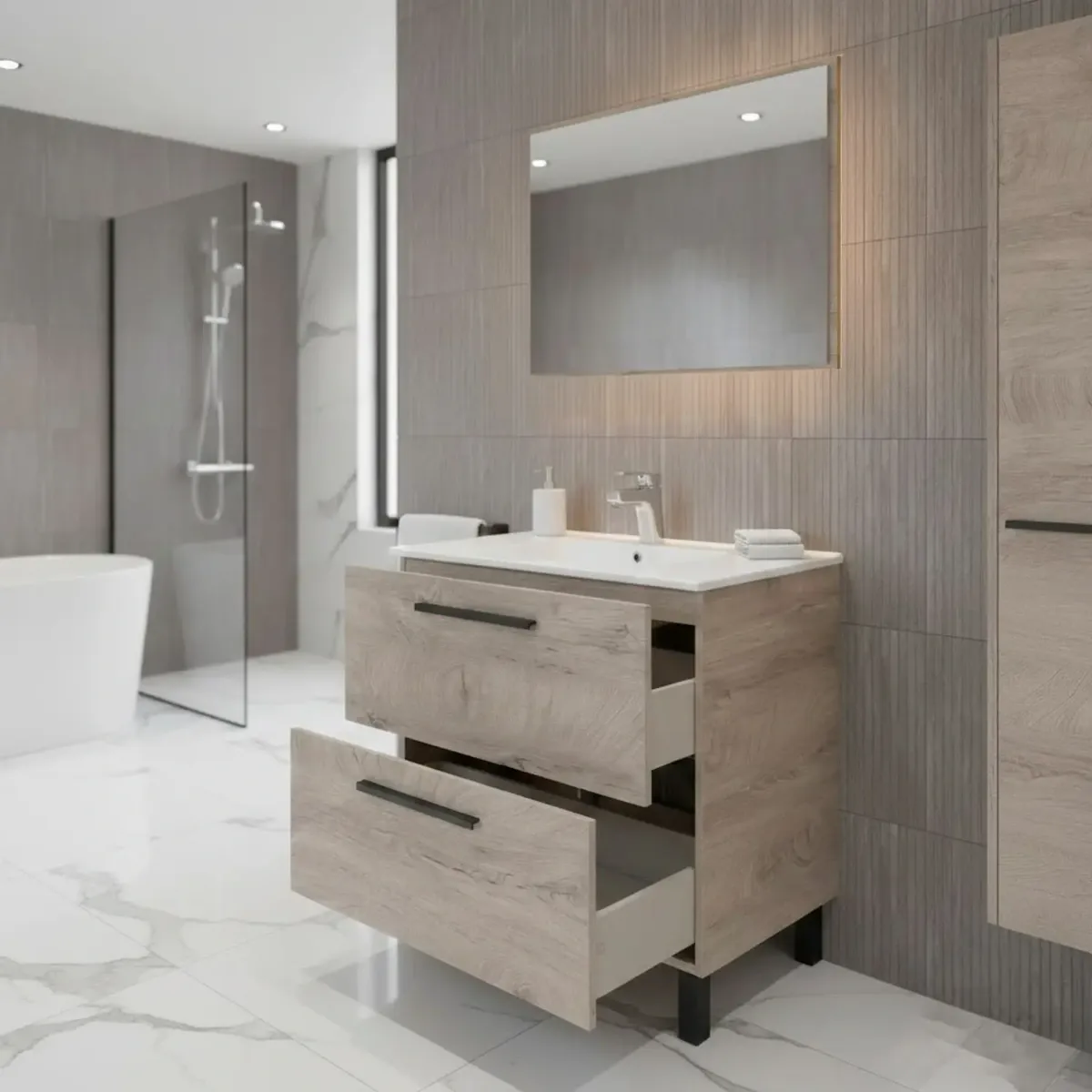 Mobile Bagno A Terra Con 2 Cassettoni Soft Close E Lavabo In Ceramica E Specchio Inclusi Con Foro Troppopieno E Maniglie ABS Design Moderno