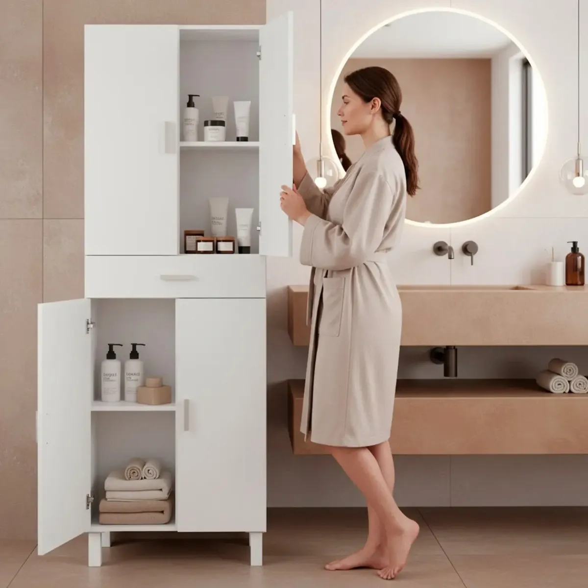 Colonna Bagno Con 4 Ante 4 Ripiani E Cassetto Mobile Alto Moderno Salvaspazio Con Mensole Regolabili Design Elegante Minimal Per Bagno Lavanderia Ripostiglio
