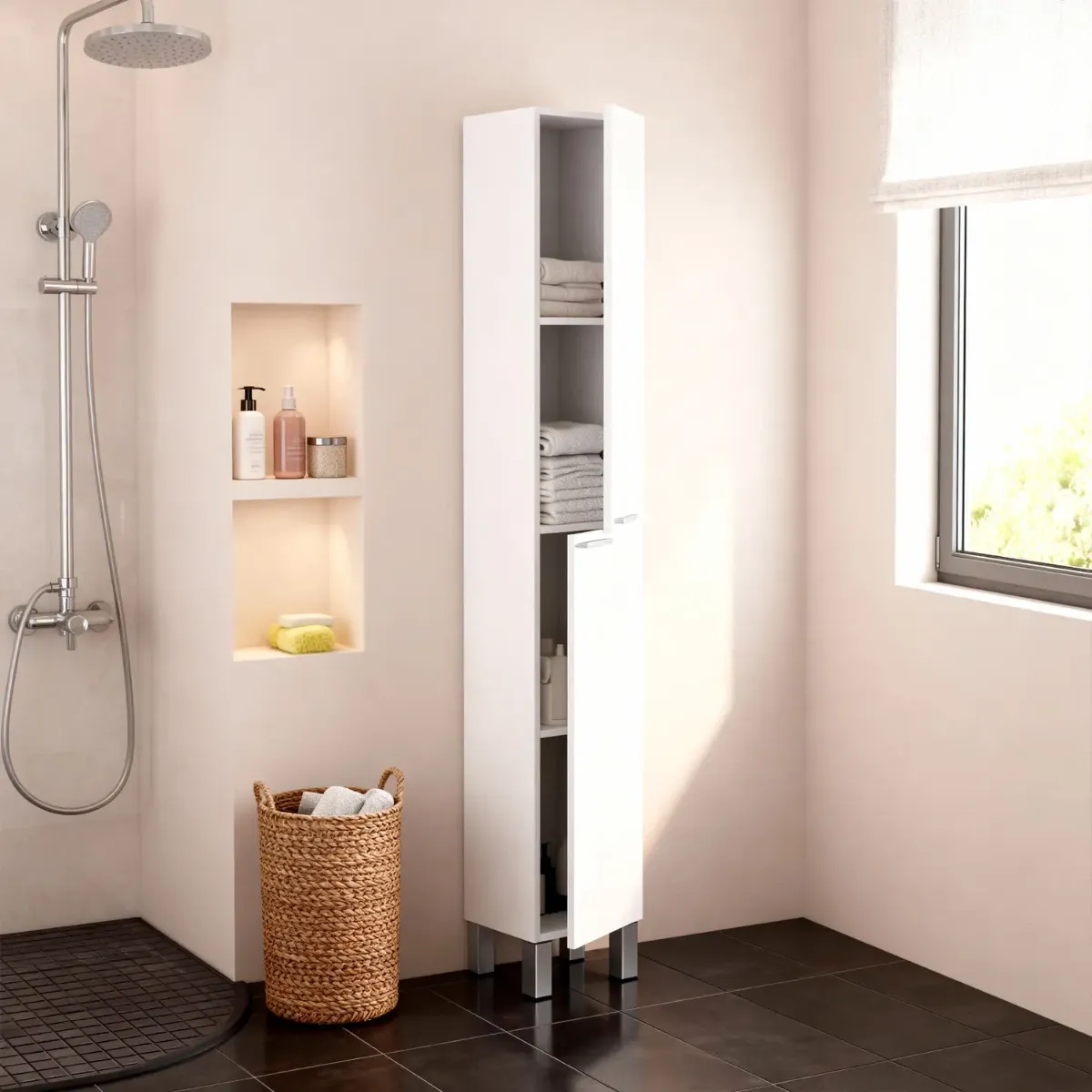 Colonna Armadio Da Bagno Con Doppia Anta E 4 Ripiani Mobile Alto Salvaspazio Armadietto In Melaminico Chiusura Ammortizzata Lavanderia