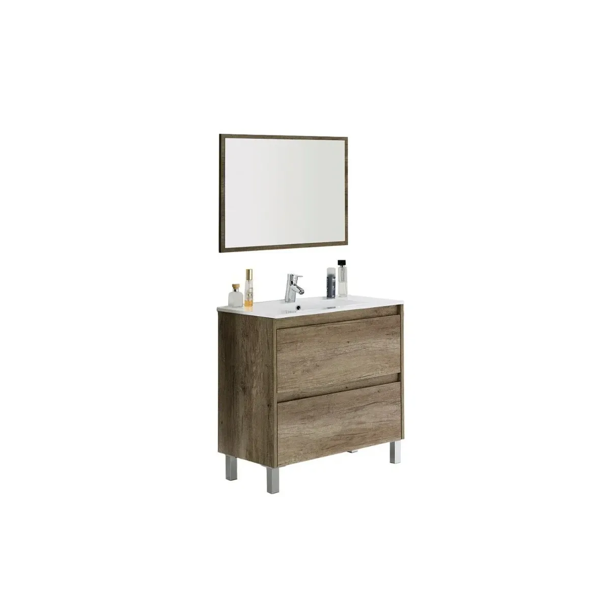 Mobile Bagno A Terra Con Lavabo In Ceramica E Specchio Coordinato Mobiletto Con Lavandino E 2 Cassettoni Ammortizzati Design Minimal