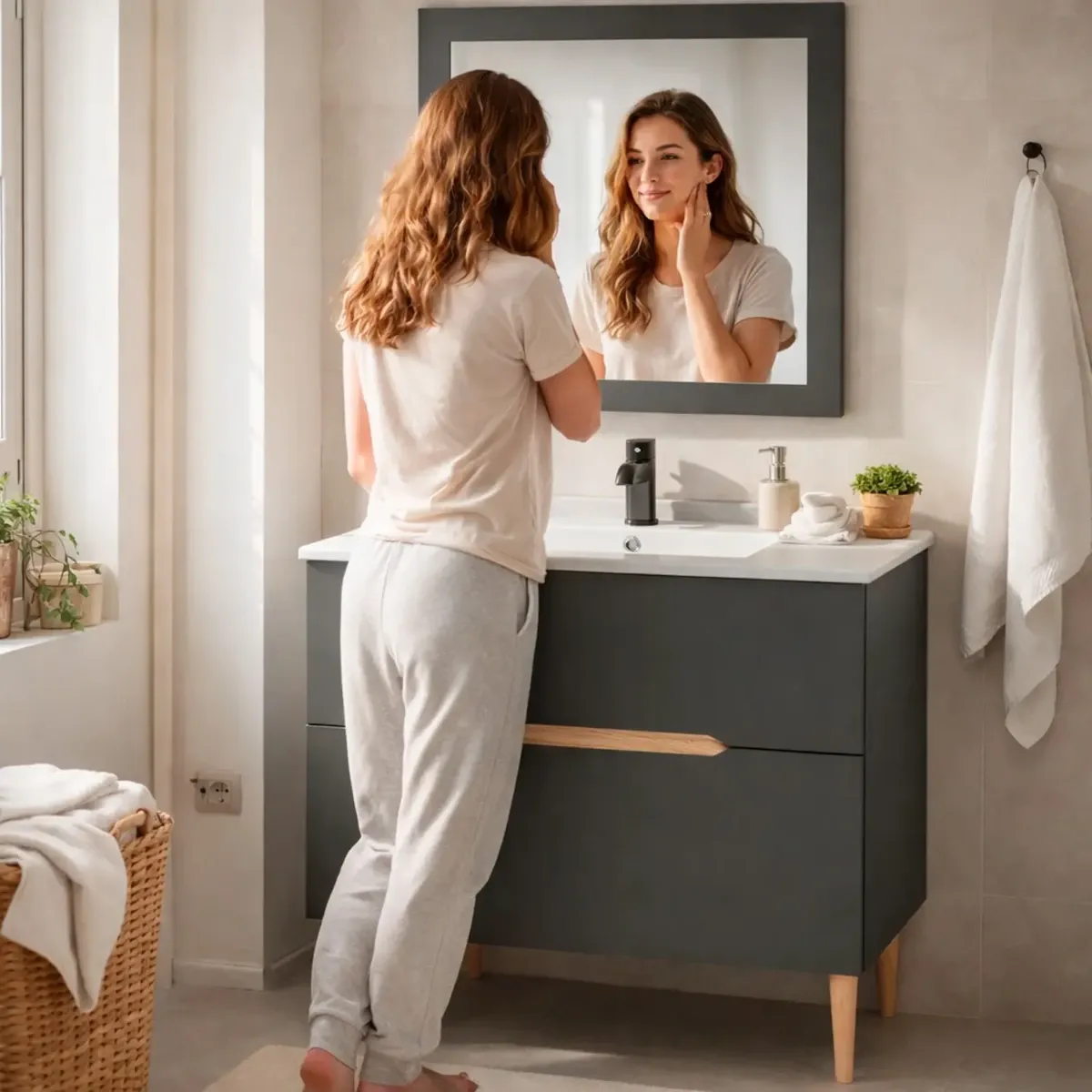 Mobile Bagno A Terra Con Lavabo In Ceramica E Specchio Inclusi 1 Cassetto Soft Close E 1 Anta A Vasistas Design Moderno Salvaspazio 80 x 45 x 80 Cm