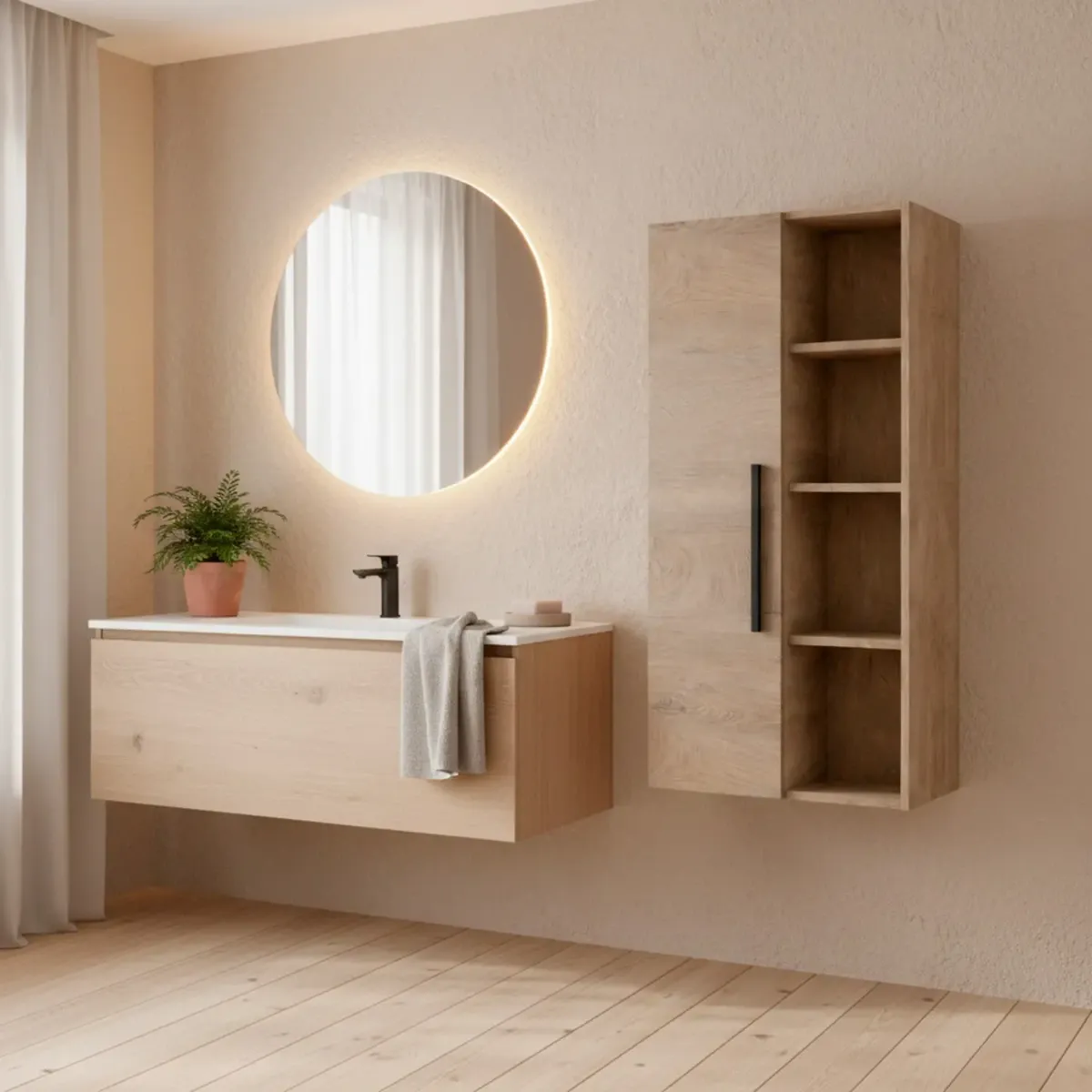 Colonna Sospesa Multiuso Con 1 Anta E 5 Vani A Giorno Mobile Armadietto Bagno Pensile Salvaspazio In Melaminico Chiusura Assistita E Ripiani Interni Design Moderno