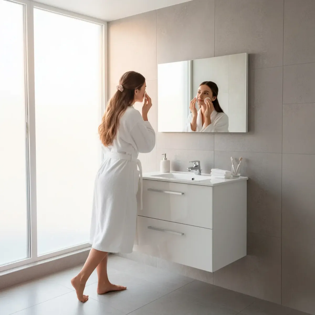 Mobile Mobiletto Bagno Sospeso Con 2 Cassettoni Soft Close E Lavabo in Ceramica Monoforo Con Troppopieno E Specchio Design Moderno Minimal