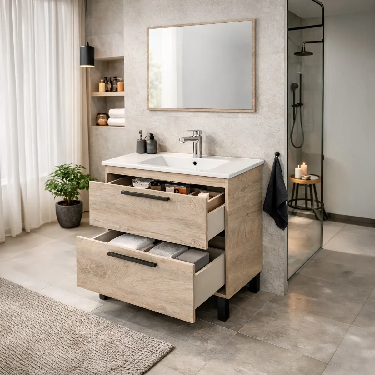 Mobile Bagno A Terra Con 2 Cassettoni Soft Close E Lavabo In Ceramica E Specchio Inclusi Con Foro Troppopieno E Maniglie ABS Design Moderno