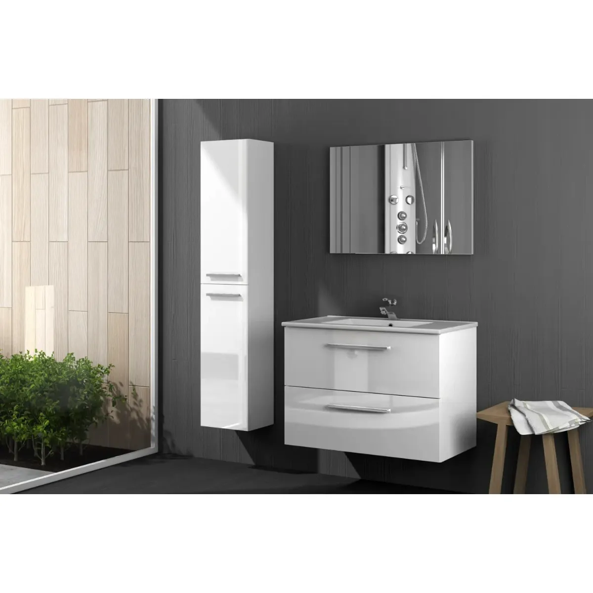 Mobile Mobiletto Bagno Sospeso Con 2 Cassettoni Soft Close Lavabo in Ceramica Monoforo Con Troppopieno E Specchio Con Led Da 45 Cm Design Moderno 80 x 45 x 57