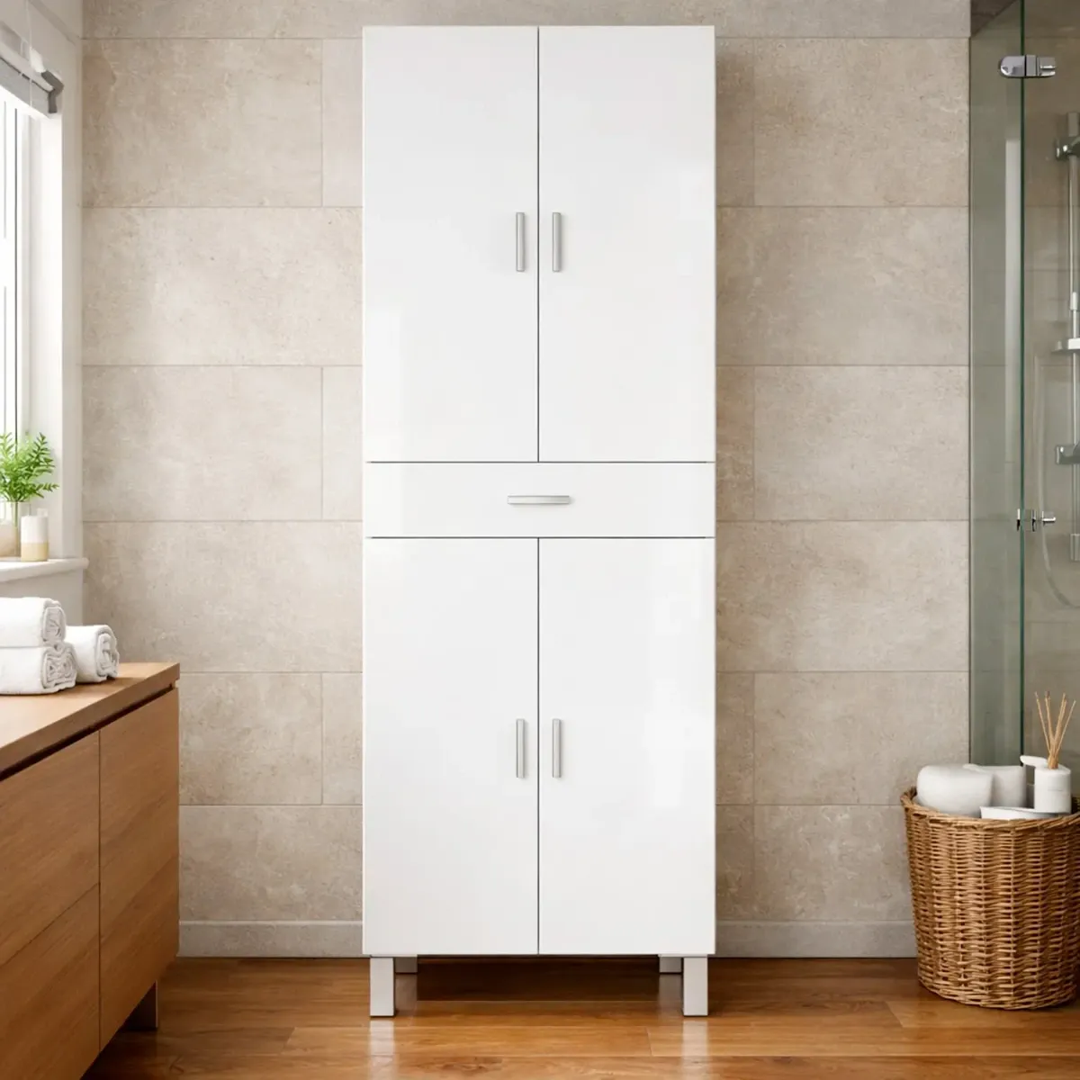 Colonna Bagno Con 4 Ante 4 Ripiani E Cassetto Mobile Alto Moderno Salvaspazio Con Mensole Regolabili Design Elegante Minimal Per Bagno Lavanderia Ripostiglio