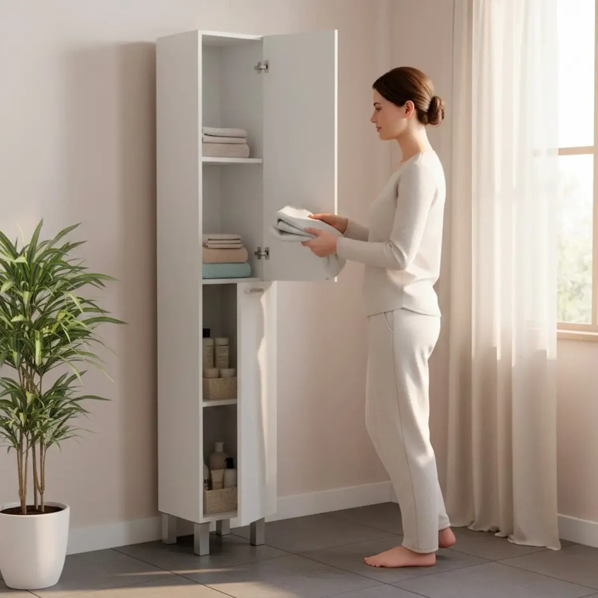 Colonna Armadio Da Bagno Con Doppia Anta E 4 Ripiani Mobile Alto Salvaspazio Armadietto In Melaminico Chiusura Ammortizzata Lavanderia