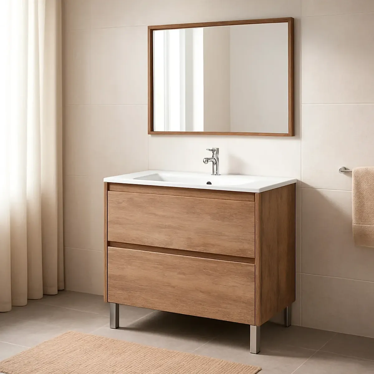 Mobile Bagno A Terra Con Lavabo In Ceramica E Specchio Coordinato Mobiletto Con Lavandino E 2 Cassettoni Ammortizzati Design Minimal