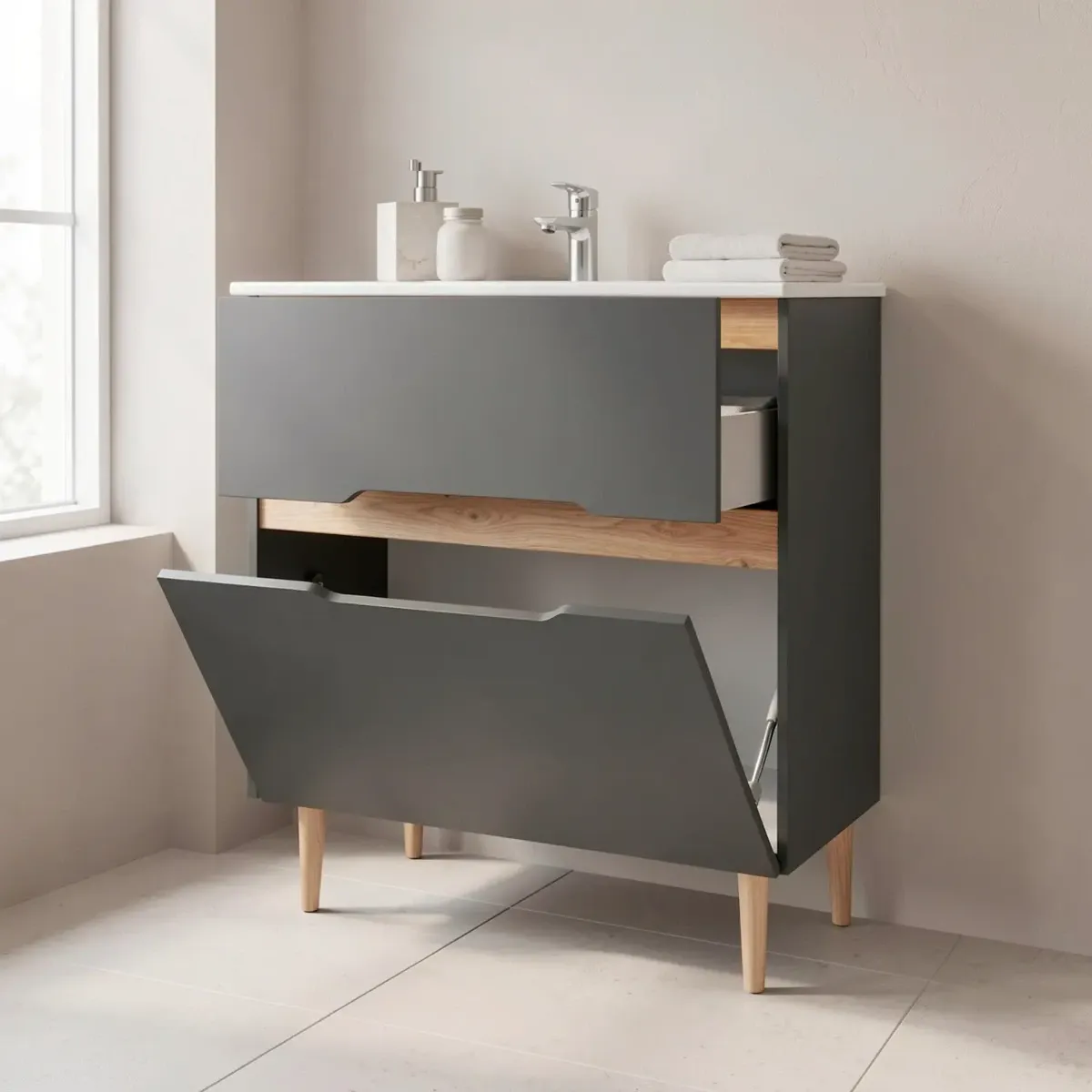 Mobile Bagno A Terra Con Lavabo In Ceramica E Specchio Inclusi 1 Cassetto Soft Close E 1 Anta A Vasistas Design Moderno Salvaspazio 80 x 45 x 80 Cm