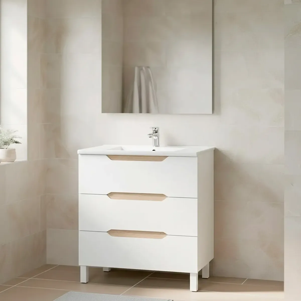 Mobile Bagno A Terra Con 3 Cassettoni Soft Close E Lavabo In Ceramica Monoforo Con Troppopieno Incluso Mobiletto Design Moderno Ed Elegante Salvaspazio 80 x 45 x 86 Cm