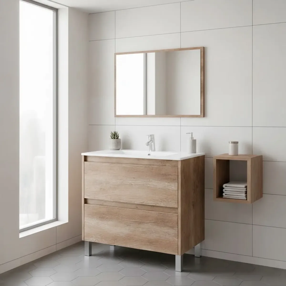 Mobile Bagno A Terra Con Lavabo In Ceramica E Specchio Coordinato Mobiletto Con Lavandino E 2 Cassettoni Ammortizzati Design Minimal