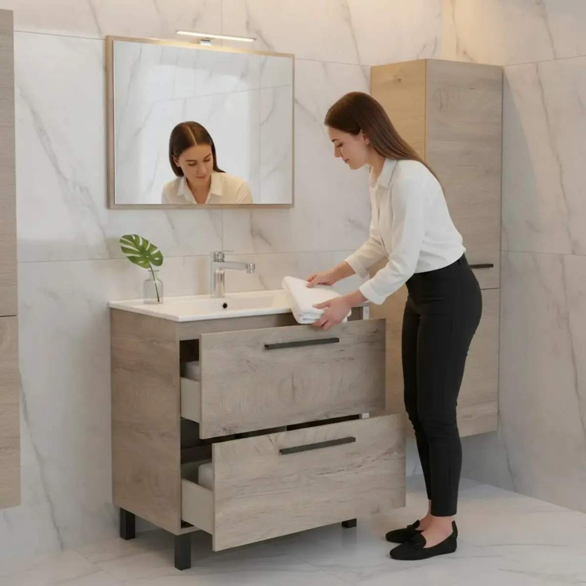 Mobile Bagno A Terra Con 2 Cassettoni Soft Close E Lavabo In Ceramica E Specchio Inclusi Con Foro Troppopieno E Maniglie ABS Design Moderno
