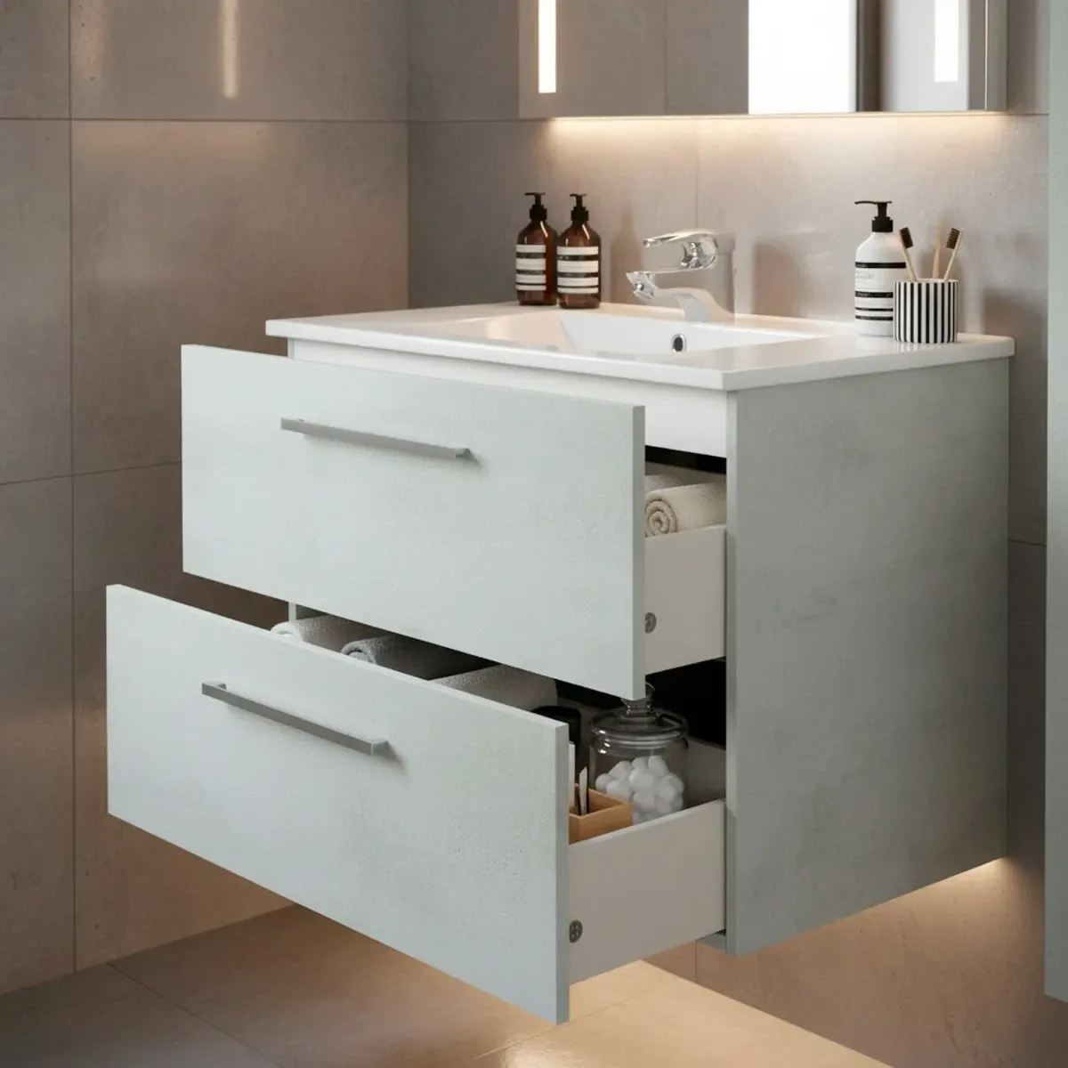 Mobile Mobiletto Bagno Sospeso Con 2 Cassettoni Soft Close Con Lavandino Lavabo In Ceramica Specchio E Led Da 30 Cm Design Moderno Nordico 57 x 80 x 45 Cm