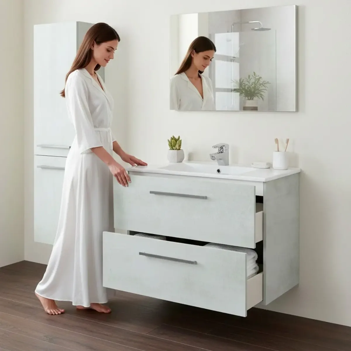 Mobile Mobiletto Bagno Sospeso Con 2 Cassettoni Soft Close Con Lavandino Lavabo In Ceramica Specchio E Led Da 45 Cm Design Moderno Nordico 57 x 80 x 45 Cm