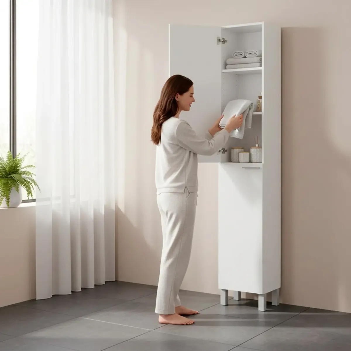 Colonna Armadio Da Bagno Con Doppia Anta E 4 Ripiani Mobile Alto Salvaspazio Armadietto In Melaminico Chiusura Ammortizzata Lavanderia