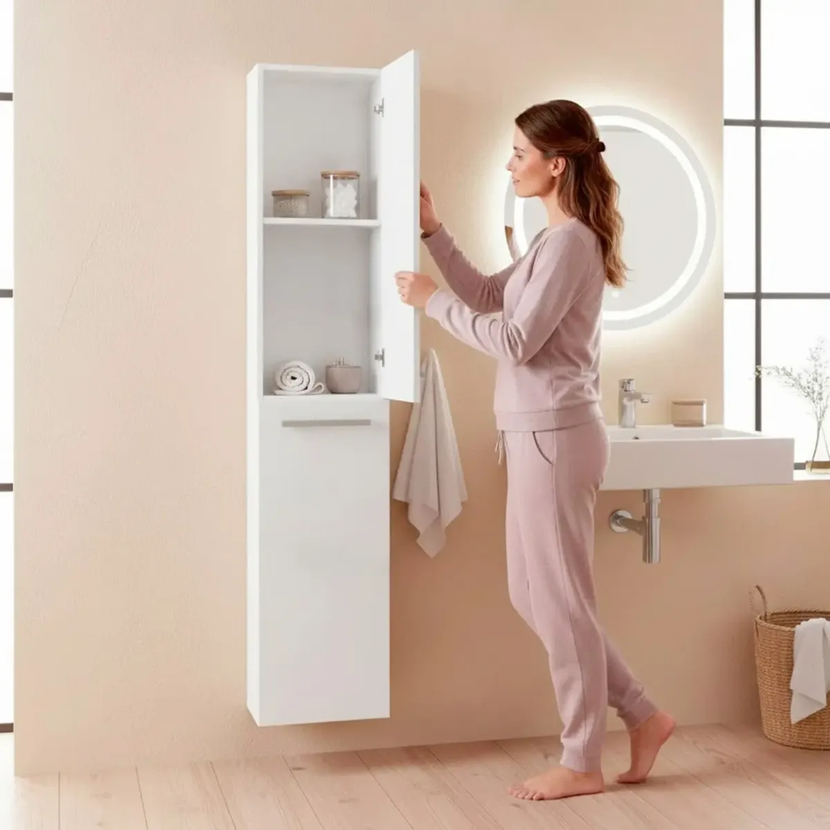 Mobile Bagno Sospeso Armadietto A Colonna Armadio Pensile Sospesa 2 Ante 4 Ripiani Arredamento Bagno Lavanderia Elegante Moderno Minimal