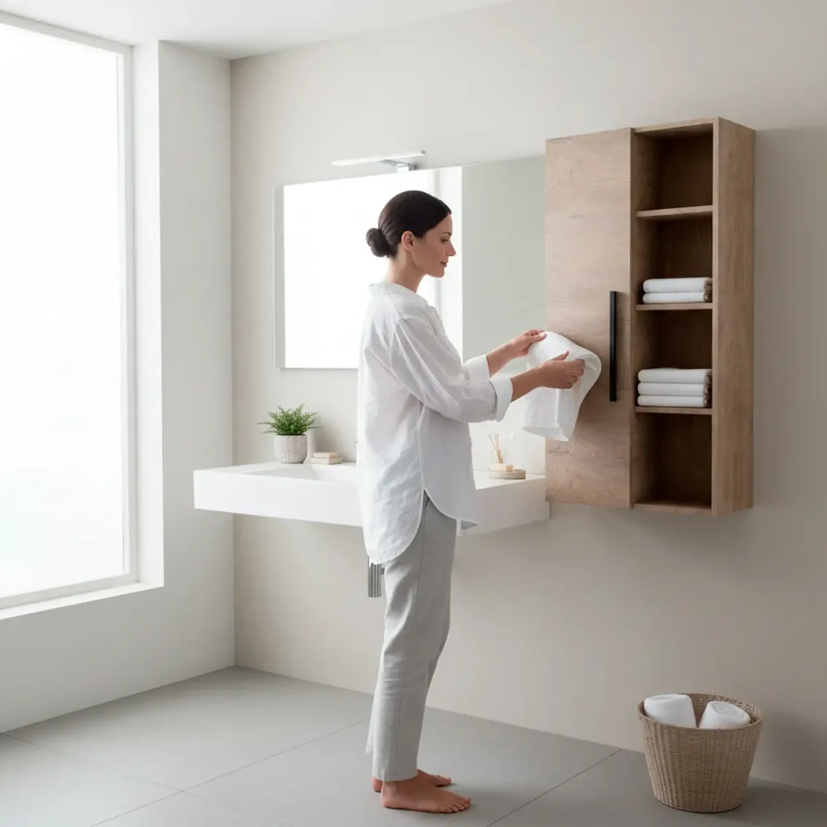 Colonna Sospesa Multiuso Con 1 Anta E 5 Vani A Giorno Mobile Armadietto Bagno Pensile Salvaspazio In Melaminico Chiusura Assistita E Ripiani Interni Design Moderno