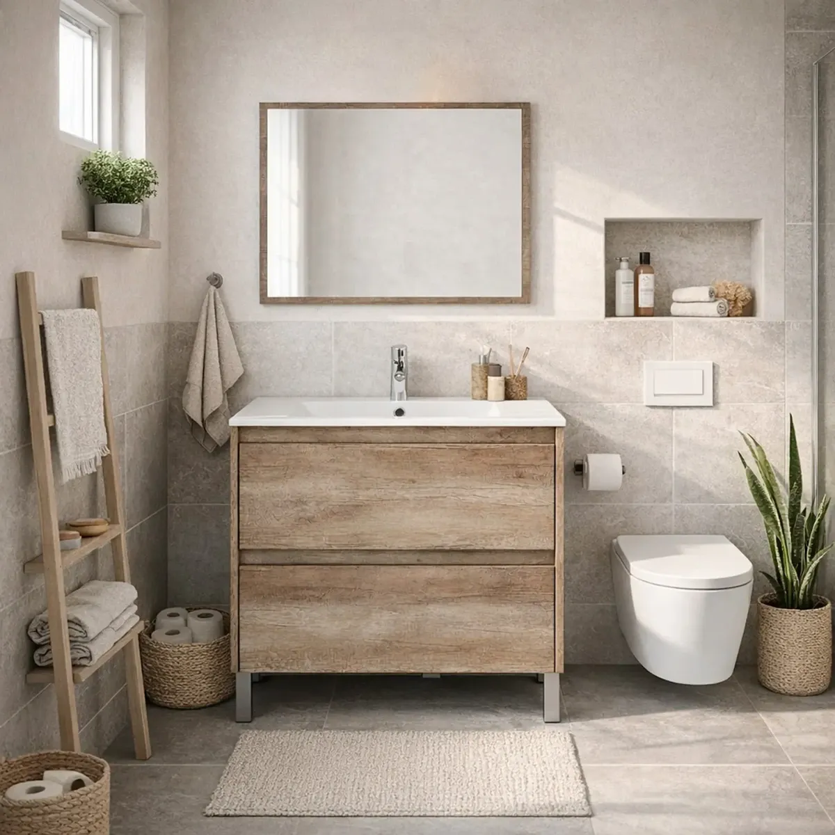 Mobile Bagno A Terra Con Lavabo In Ceramica E Specchio Coordinato Mobiletto Con Lavandino E 2 Cassettoni Ammortizzati Design Minimal