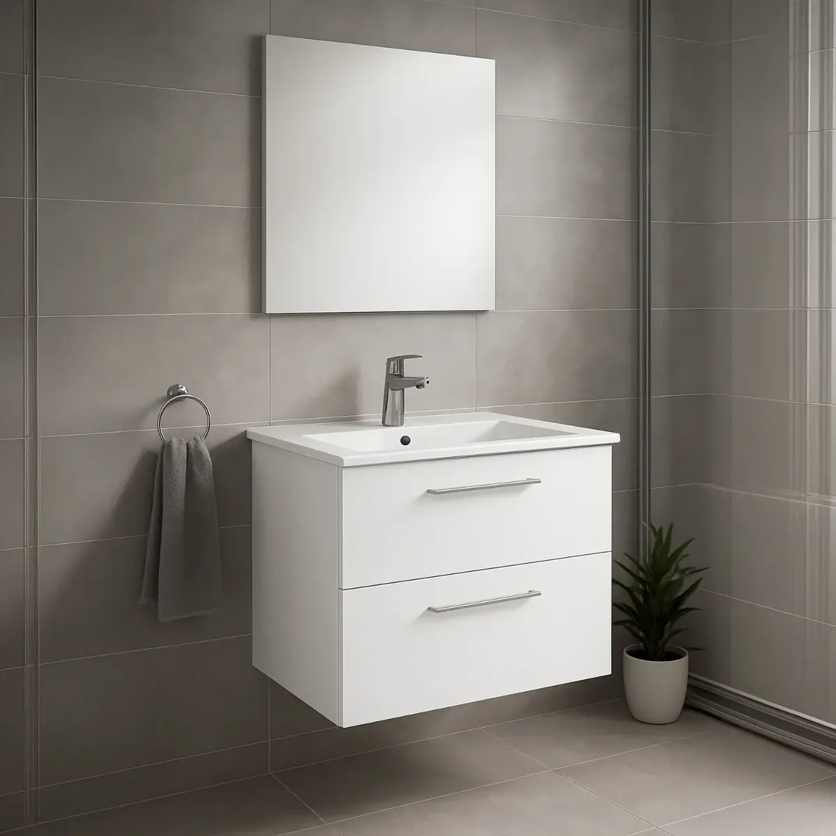 Mobile Mobiletto Bagno Sospeso Con 2 Cassettoni Soft Close E Lavabo in Ceramica Monoforo Con Troppopieno E Specchio Design Moderno Minimal