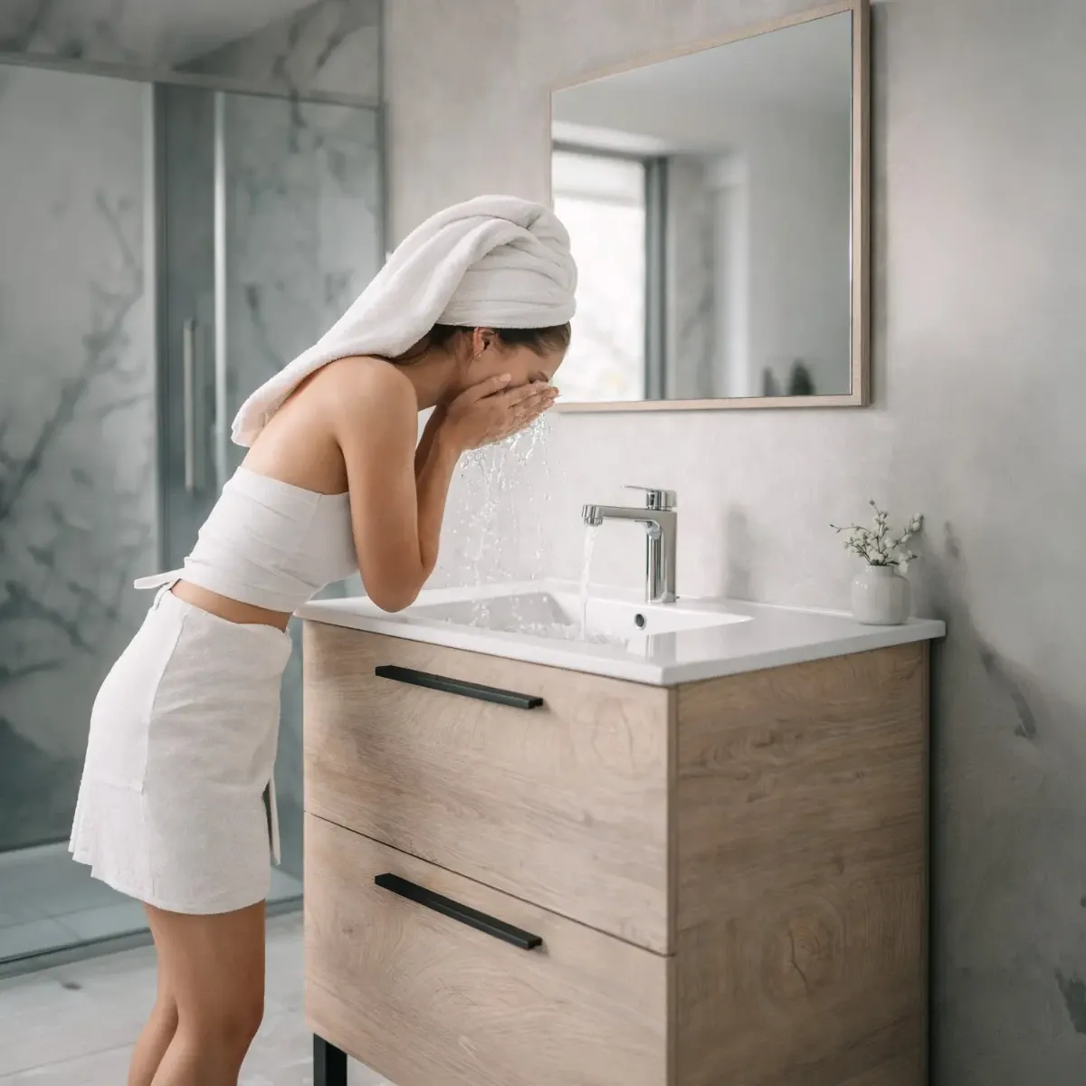 Mobile Bagno A Terra Con 2 Cassettoni Soft Close E Lavabo In Ceramica E Specchio Inclusi Con Foro Troppopieno E Maniglie ABS Design Moderno