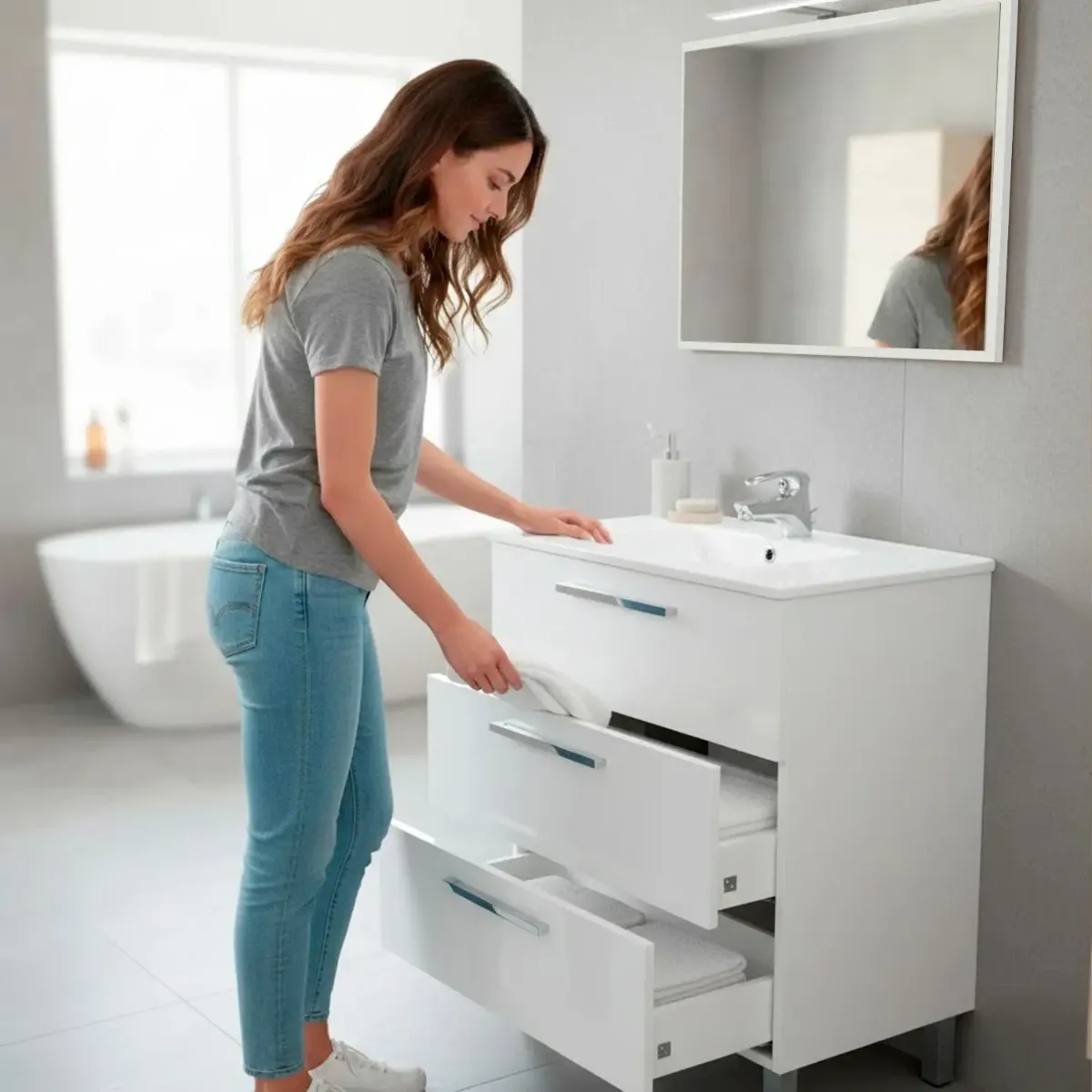 Mobile Bagno A Terra Con 3 Cassetti Lavabo In Ceramica E Specchio 77 x 50 Cm Inclusi Design Moderno Salvaspazio Elegante E Funzionale 80 x 45 x 86 Cm