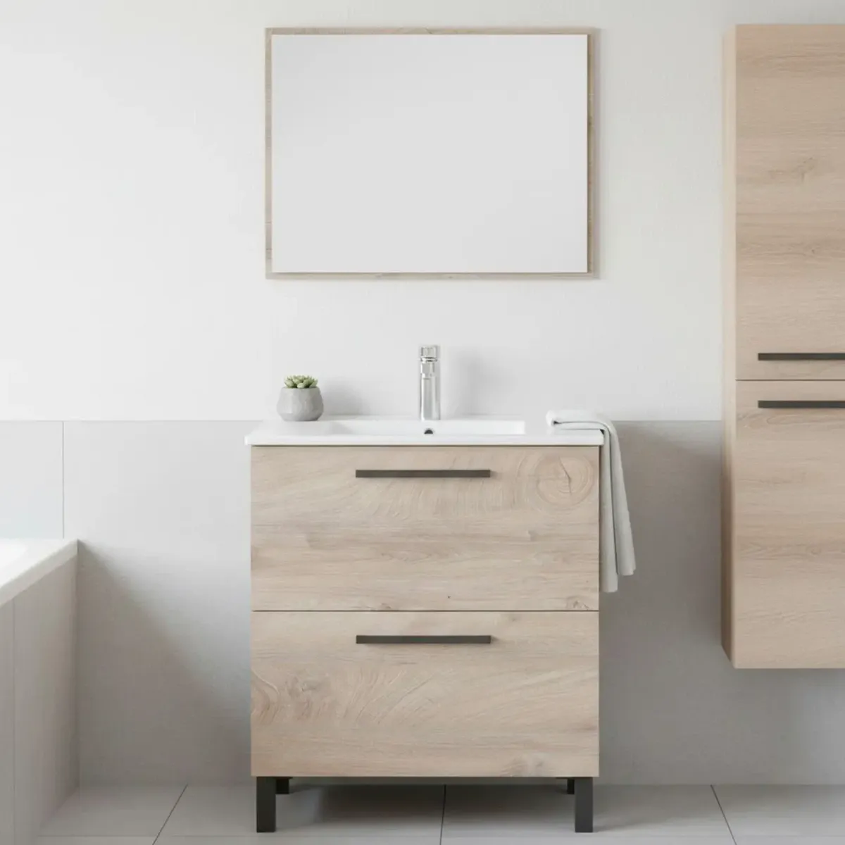 Mobile Bagno A Terra Con 2 Cassettoni Soft Close E Lavabo In Ceramica E Specchio Inclusi Con Foro Troppopieno E Maniglie ABS Design Moderno