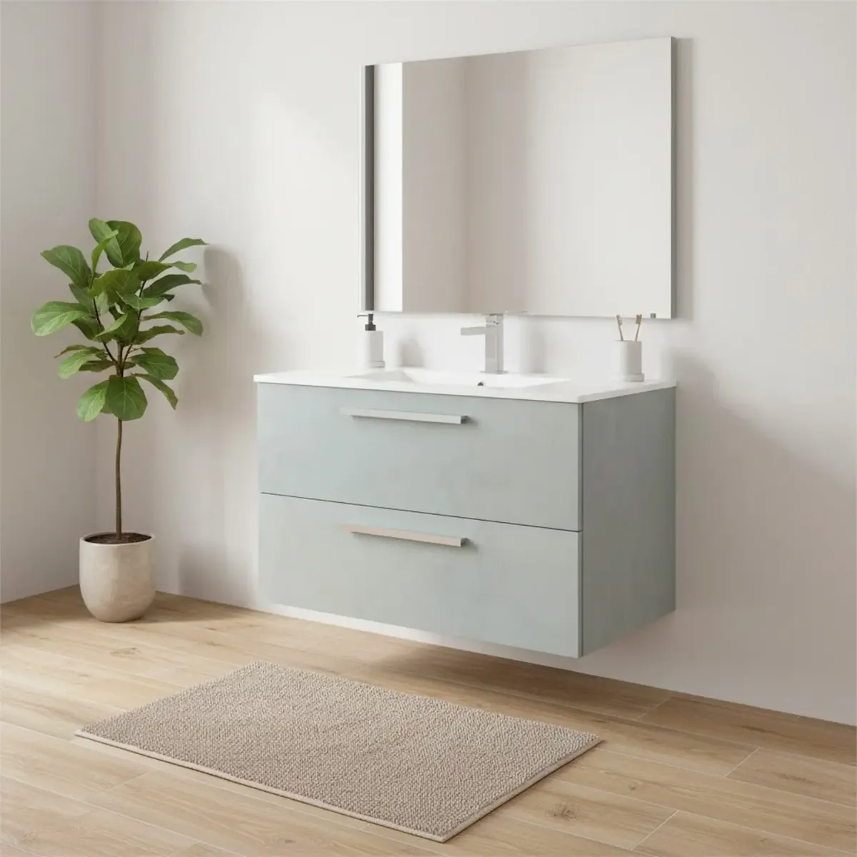 Mobile Mobiletto Bagno Sospeso Con 2 Cassettoni Soft Close Con Lavandino Lavabo In Ceramica Specchio E Led Da 30 Cm Design Moderno Nordico 57 x 80 x 45 Cm