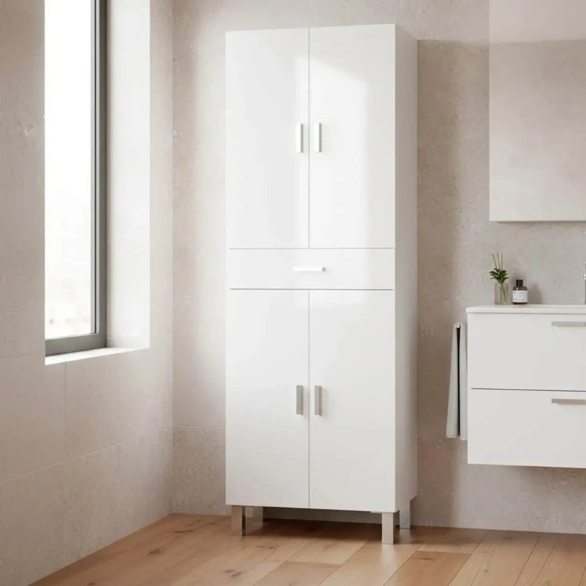 Colonna Bagno Con 4 Ante 4 Ripiani E Cassetto Mobile Alto Moderno Salvaspazio Con Mensole Regolabili Design Elegante Minimal Per Bagno Lavanderia Ripostiglio