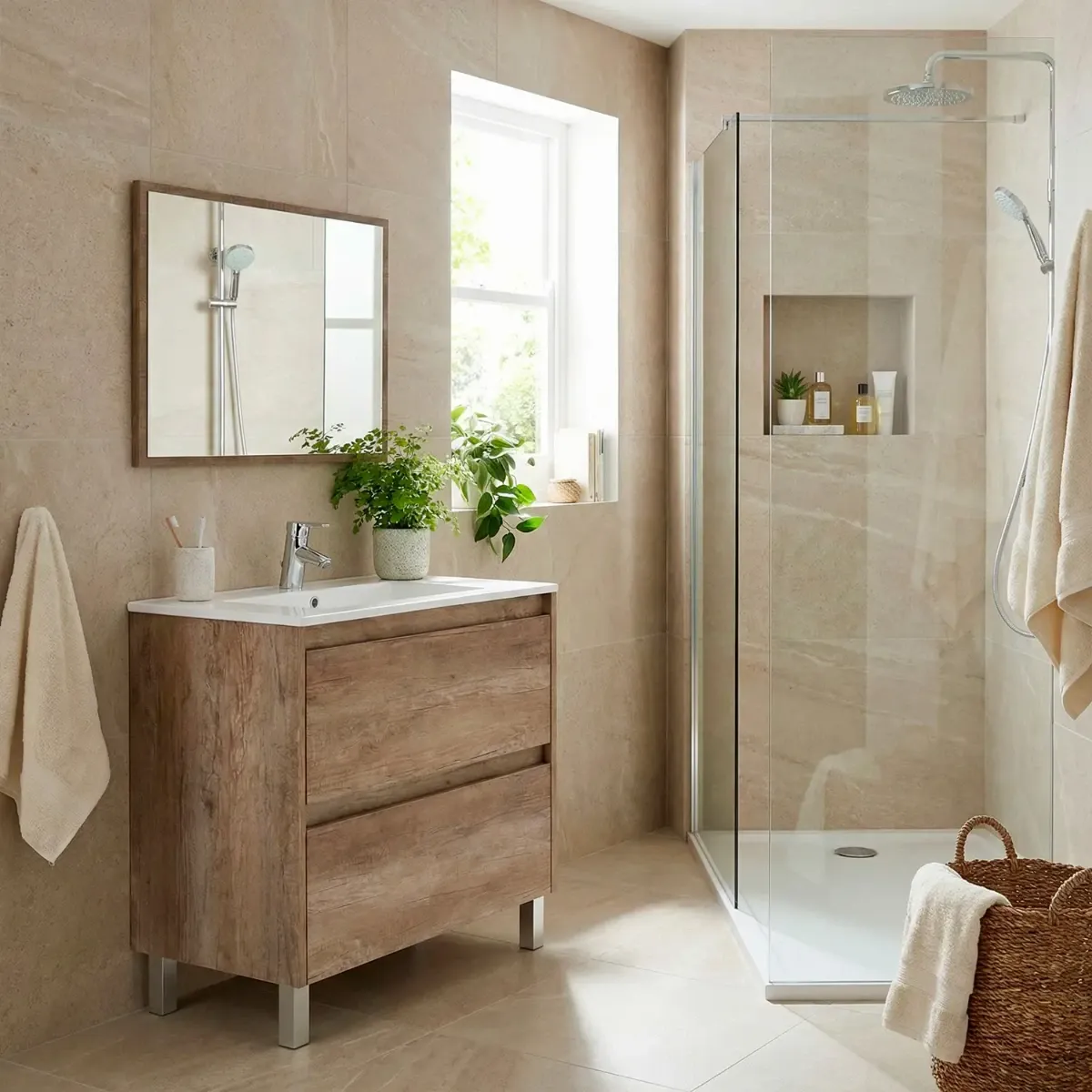 Mobile Bagno A Terra Con Lavabo In Ceramica E Specchio Coordinato Mobiletto Con Lavandino E 2 Cassettoni Ammortizzati Design Minimal