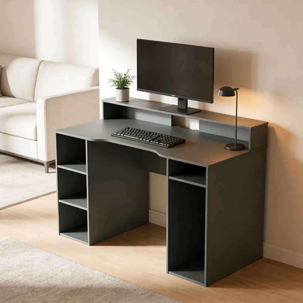 Scrivania Gaming Con Ripiani Porta PC E Supporto Monitor Con Passacavi Tavolo Gamer Reversibile Ampio Piano Ergonomico Per Setup Gaming Studio Ufficio 136 x 67 x 88 Cm-Grigio Antracite