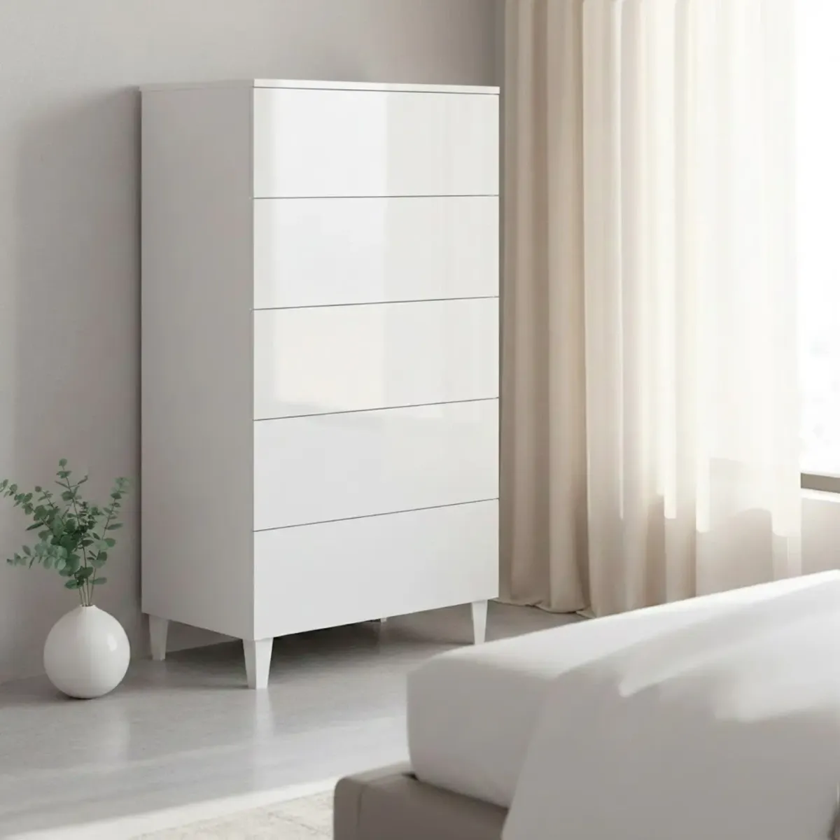 Comodino Con 5 Cassetti Cassettiera Settimino Mobile Da Camera Da Letto Moderno Mobiletto Con Piedini Struttura Compatta in Melaminico Antigraffio Montaggio Facile 60 x 40 x 117 Cm-Bianco lucido