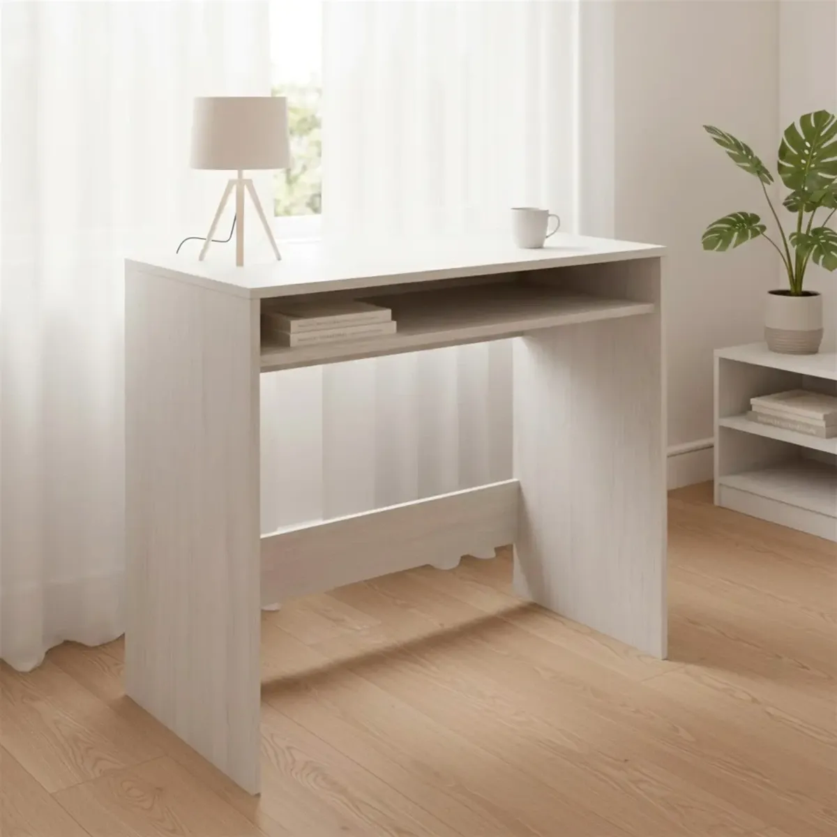 Scrivania Da Studio Compatto Tavolo Con Vano Portaoggetti Integrato Design Moderno Per Home Office Cameretta E Smart Working 79 x 43 x 78 Cm-Bianco frassino